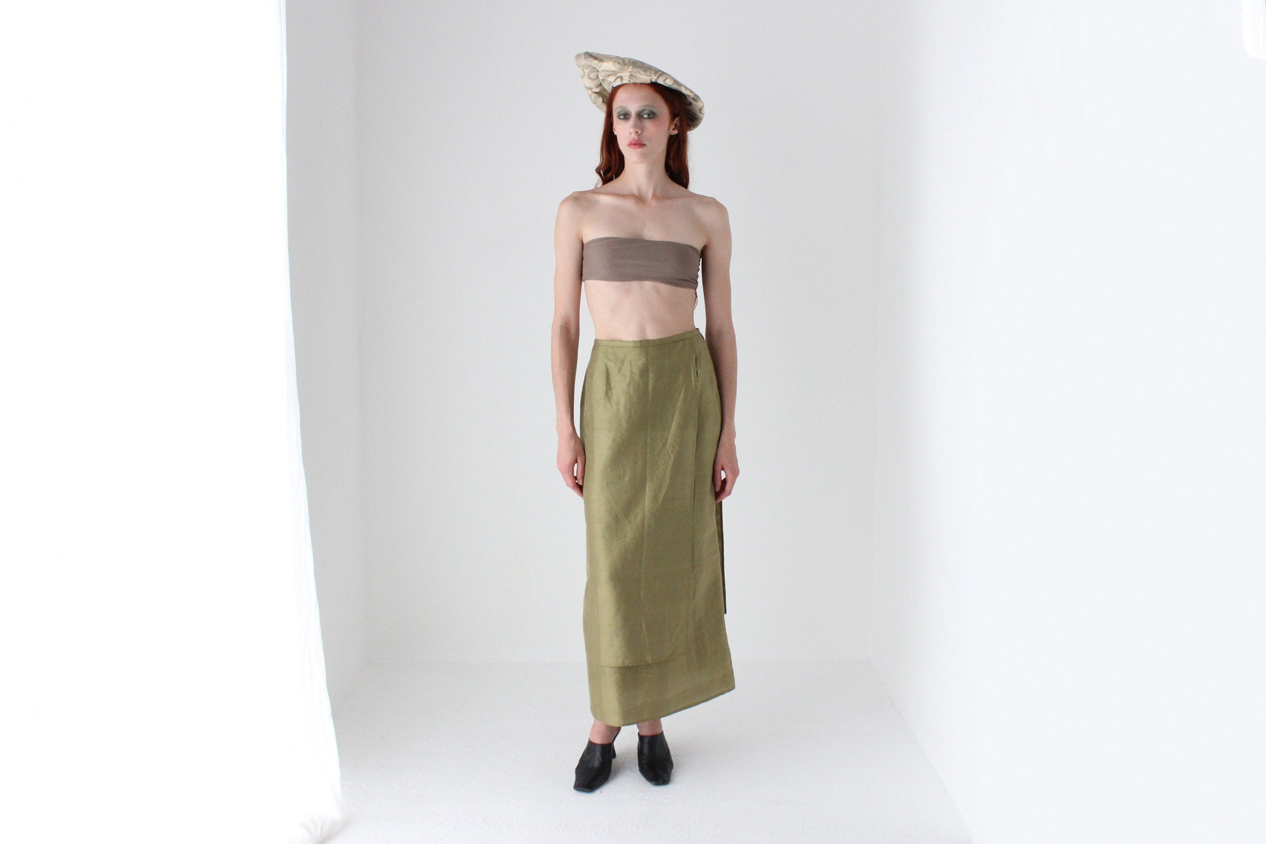 90s Neutral Olive Raw Silk Layered Column Skirt