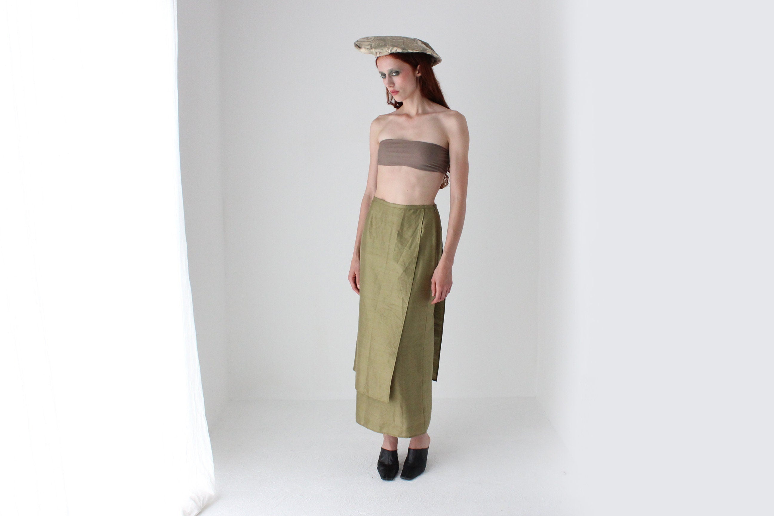 90s Neutral Olive Raw Silk Layered Column Skirt