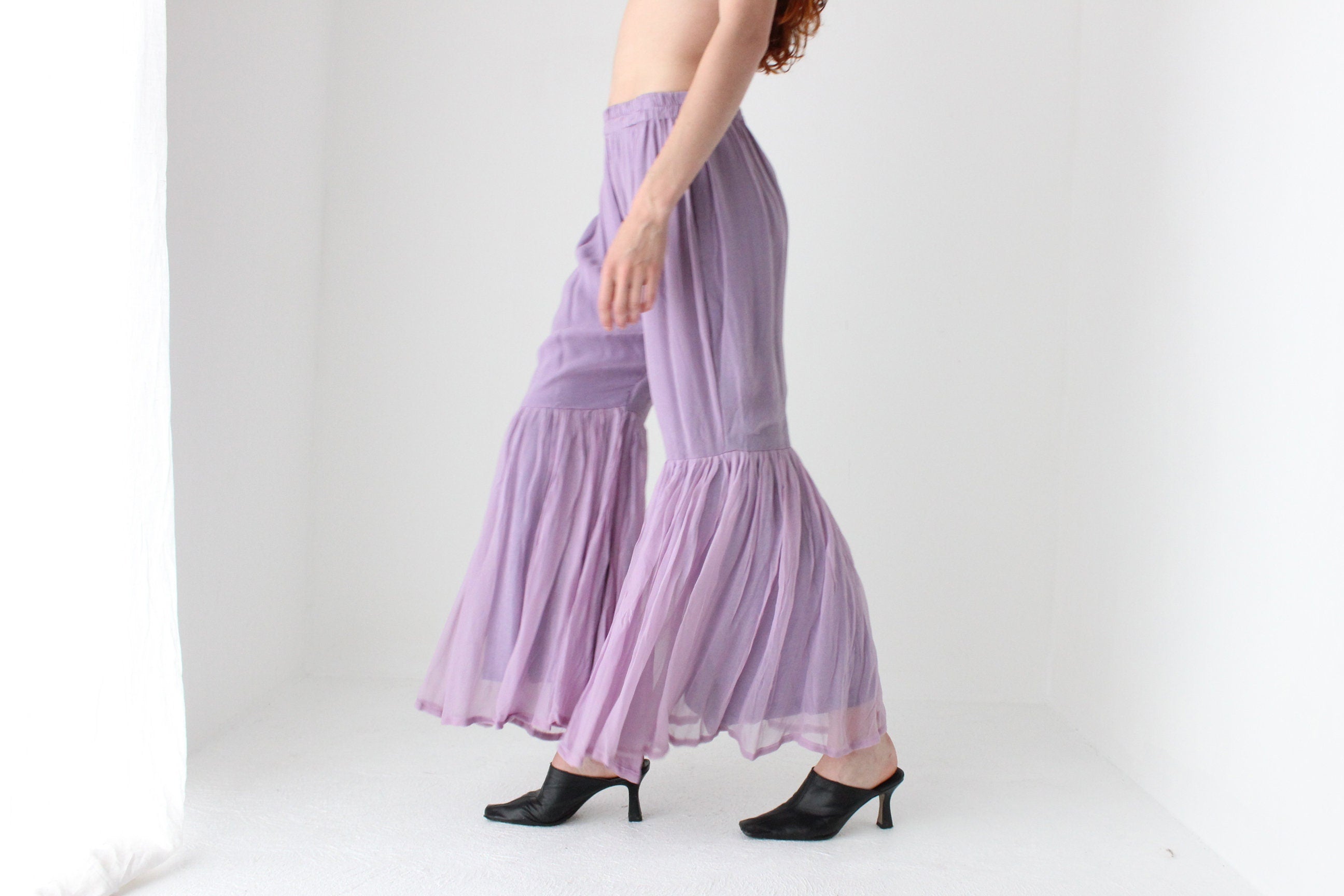 90s Voluminous Lavender Rayon Ruffle Bell Bottoms