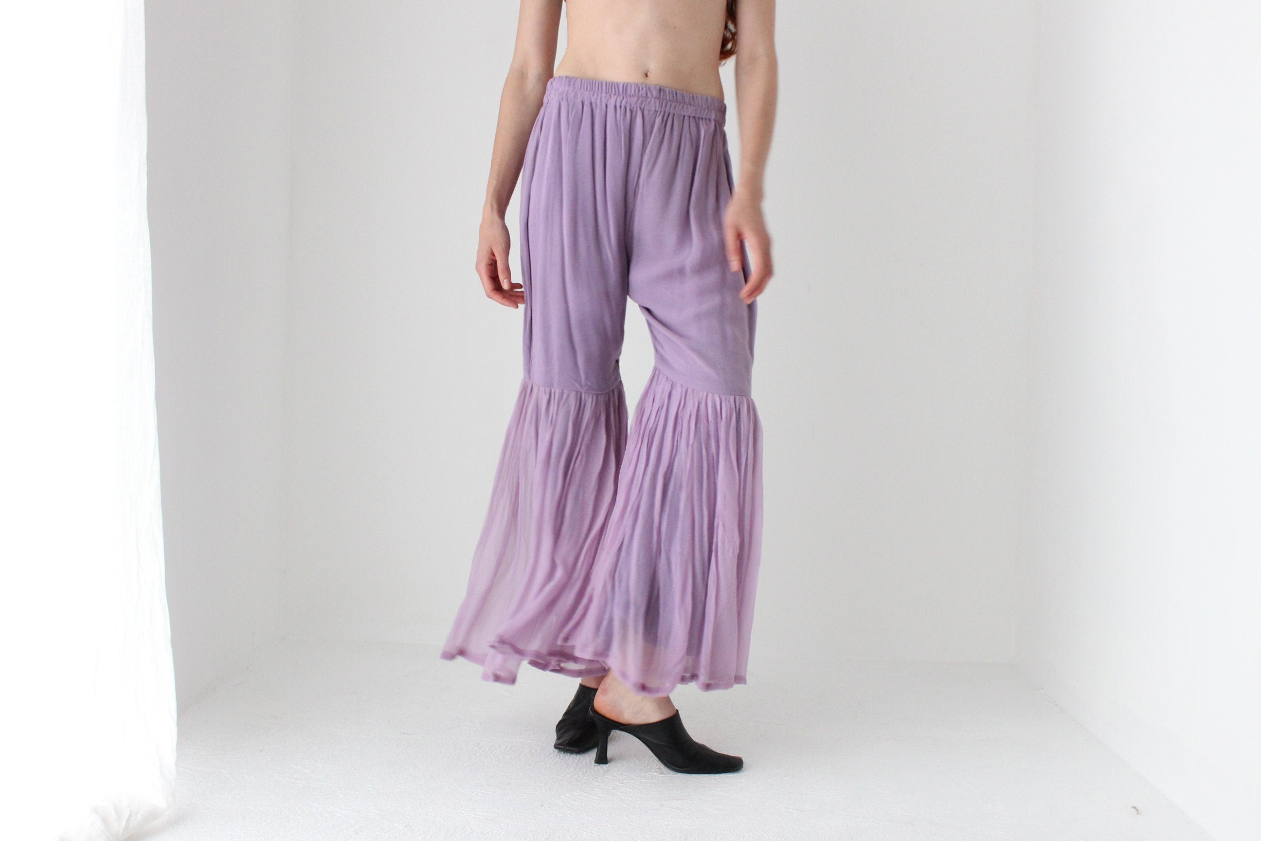 90s Voluminous Lavender Rayon Ruffle Bell Bottoms