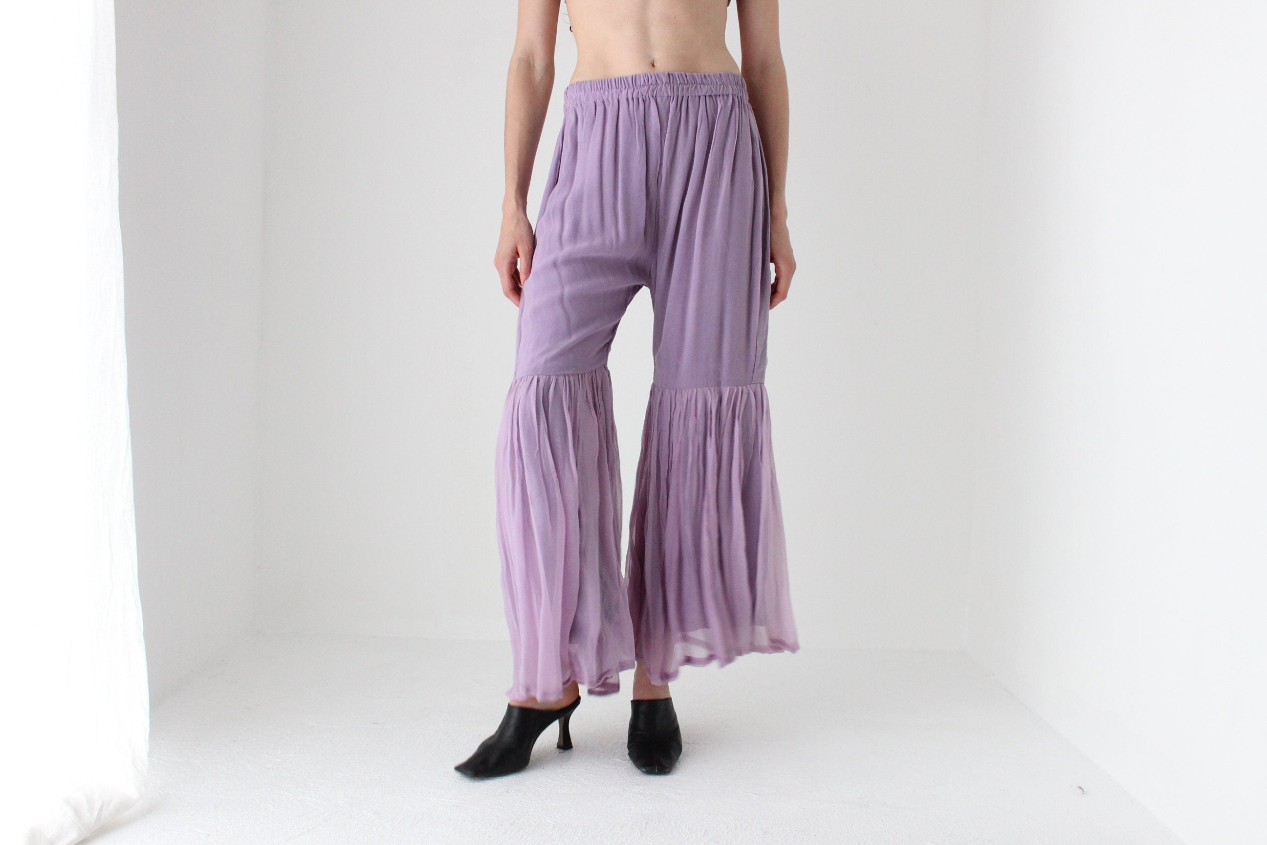 90s Voluminous Lavender Rayon Ruffle Bell Bottoms