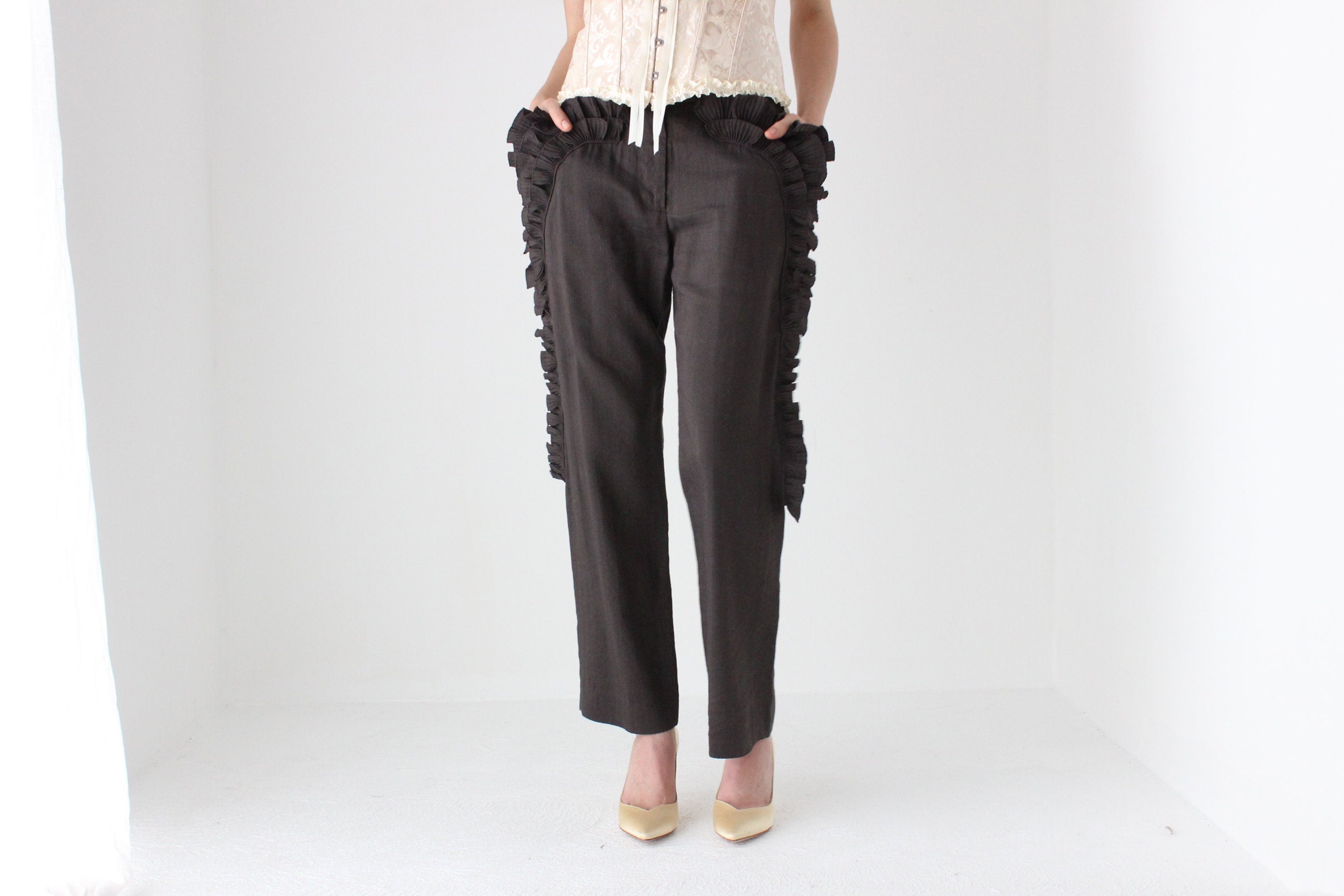 Y2K Marc Jacobs 3D Sculptural Ruffle Linen Cotton Trousers