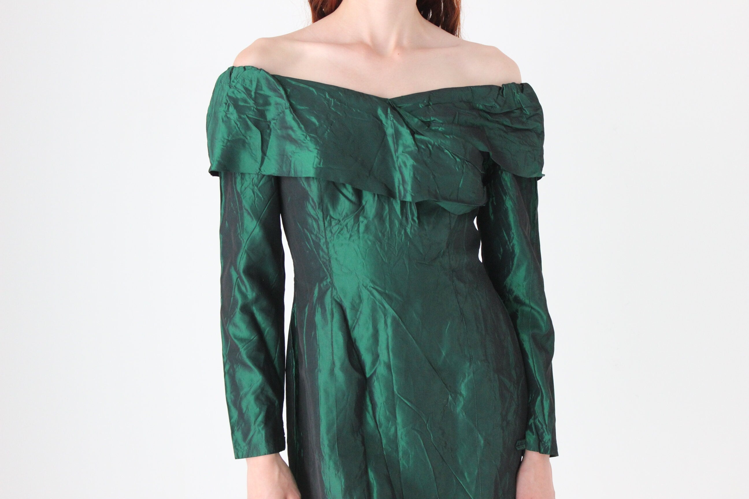 80s Metallic Crinkle Taffeta Off Shoulder Cocktail Dress