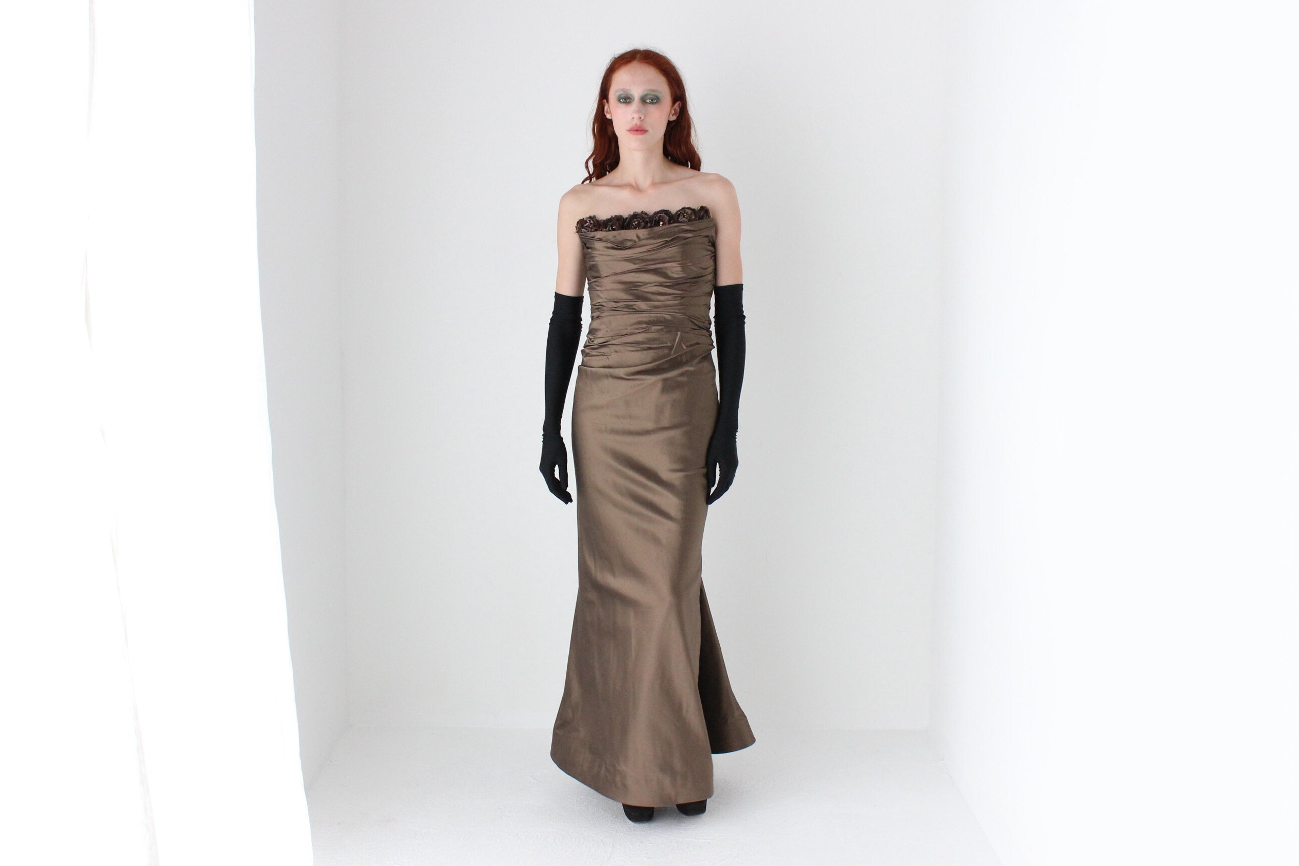 90s Designer Textural PURE SILK Taffeta Bustier Formal Gown