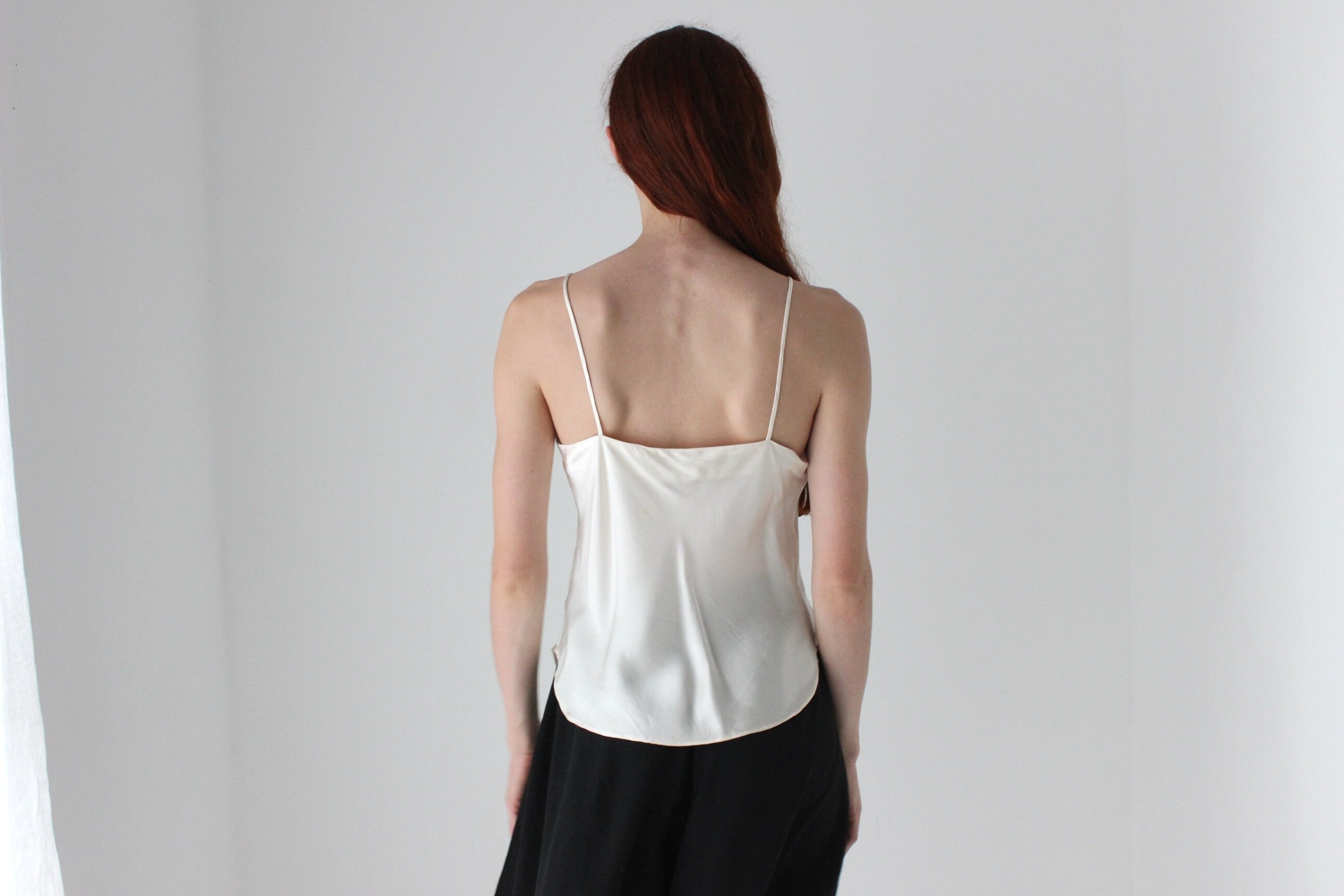 90s Pure Silk Cream Minimal Spaghetti Strap Cami