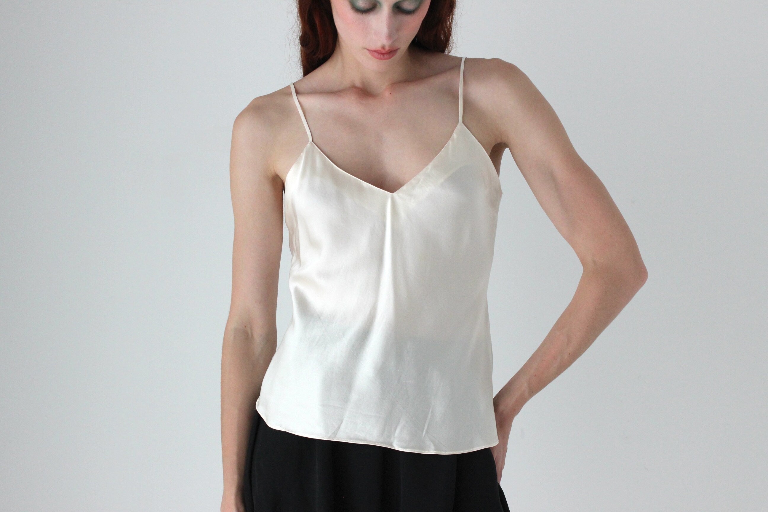 90s Pure Silk Cream Minimal Spaghetti Strap Cami