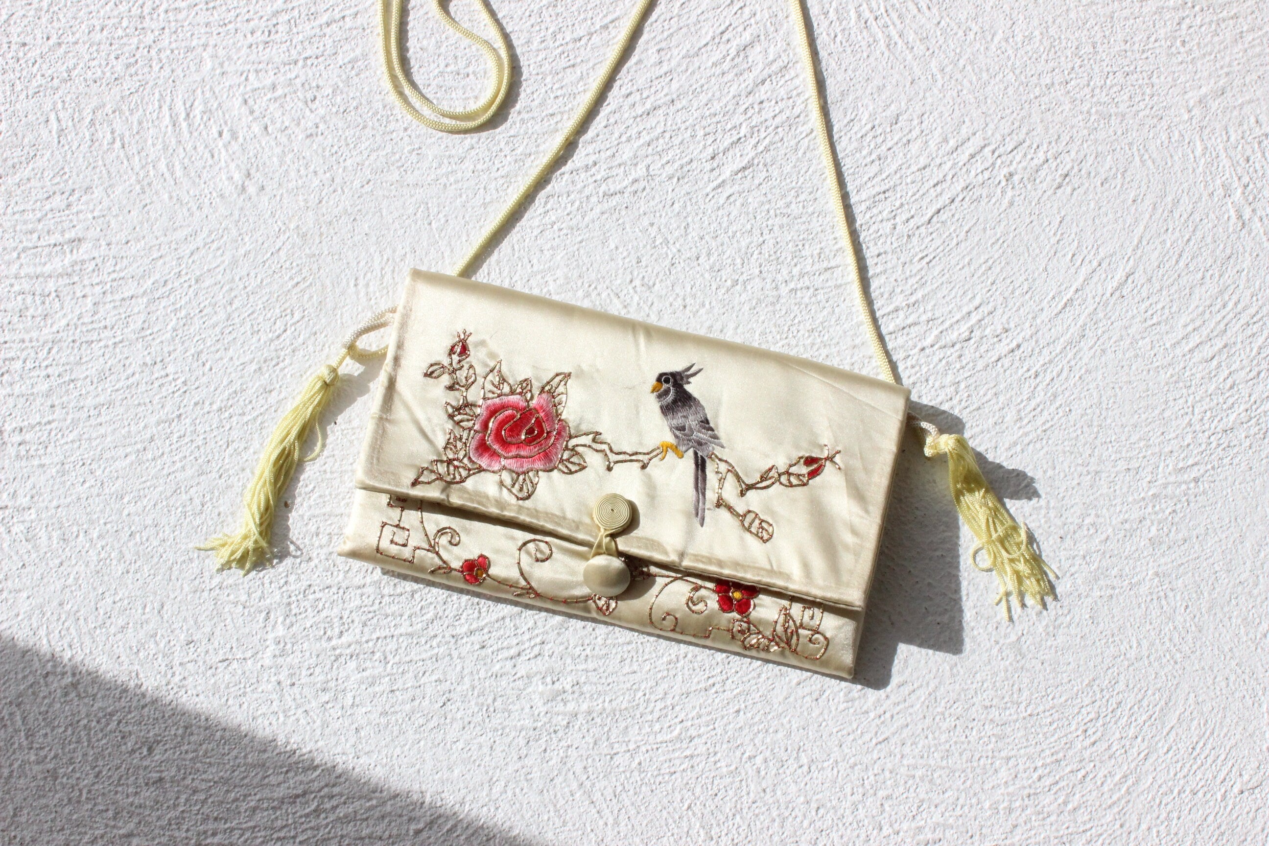 80s Chinese Silk Satin Embroidered Handbag w/ Tassels