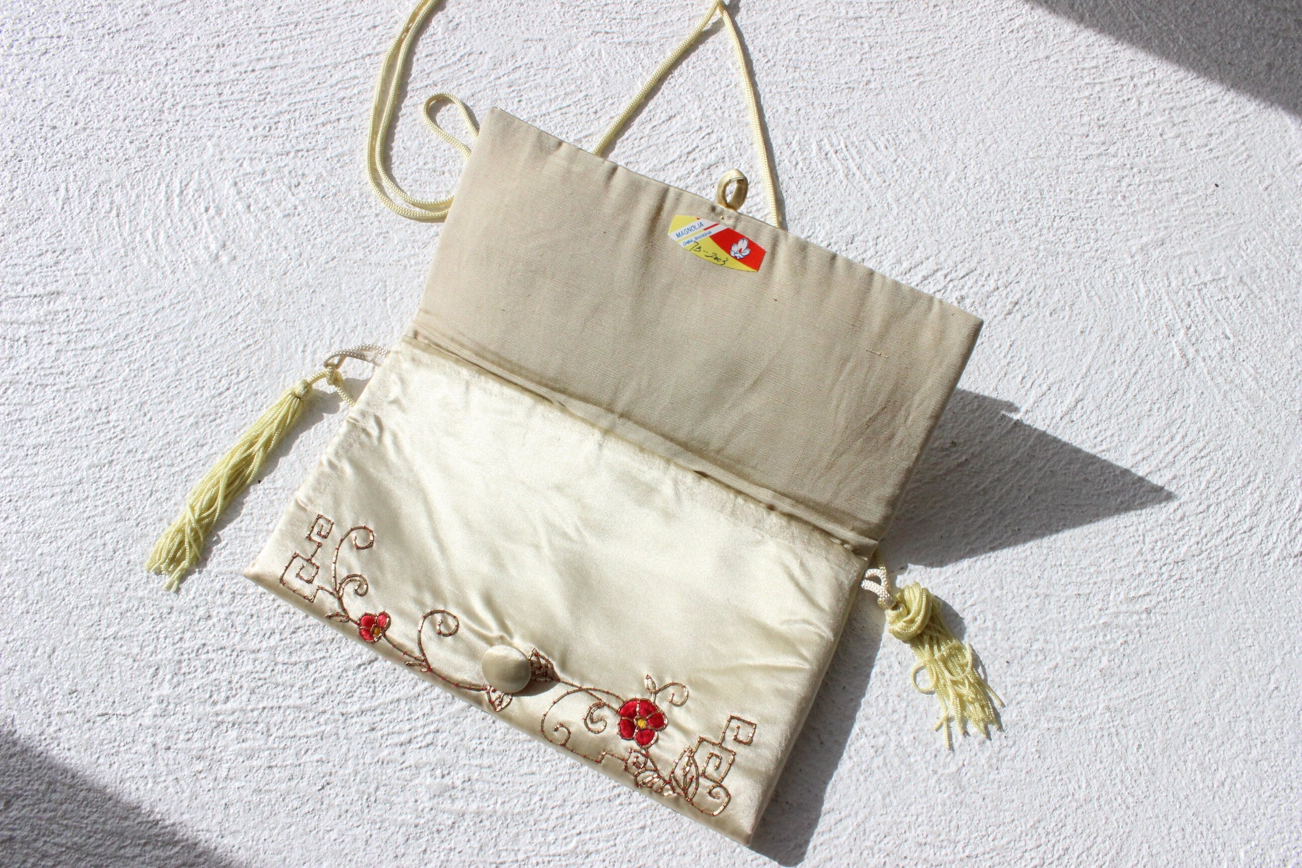 80s Chinese Silk Satin Embroidered Handbag w/ Tassels