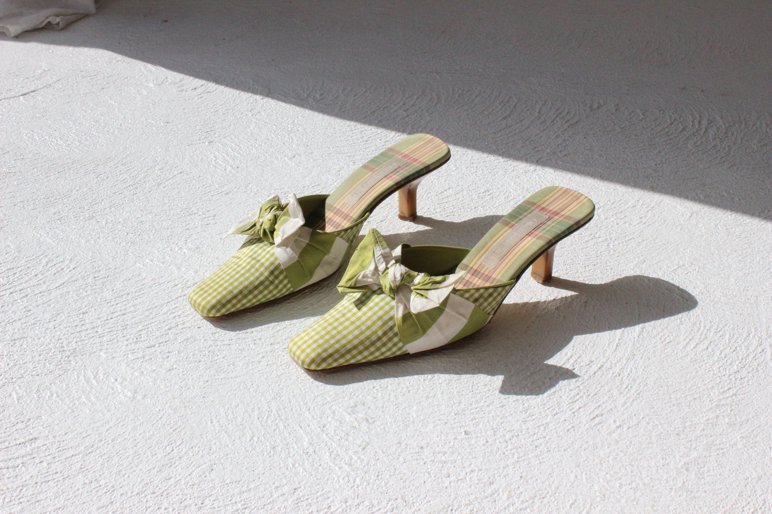 90s Olivia Rose Tal Gingham Silk Green Bow Mules - Euro 40