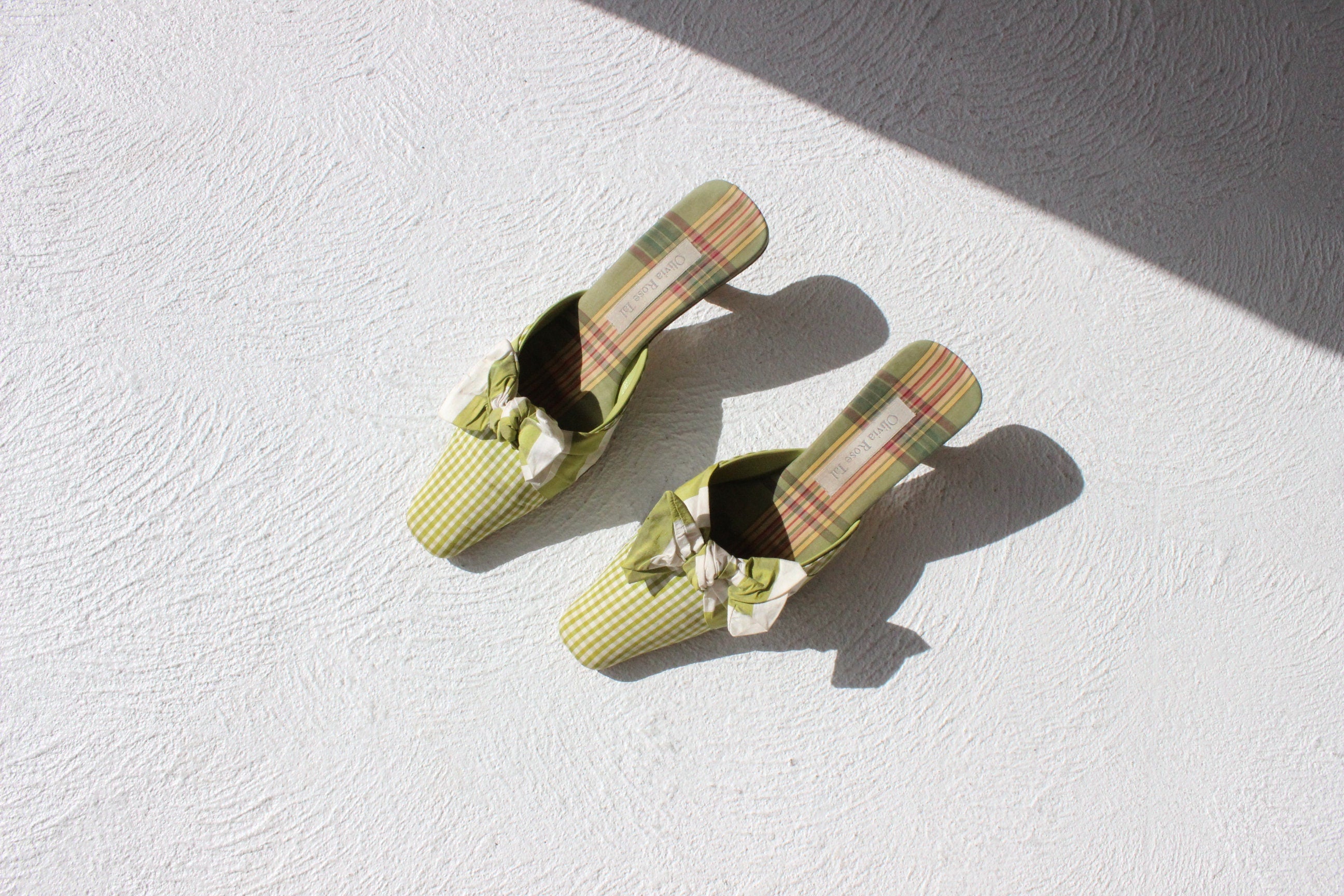 90s Olivia Rose Tal Gingham Silk Green Bow Mules - Euro 40