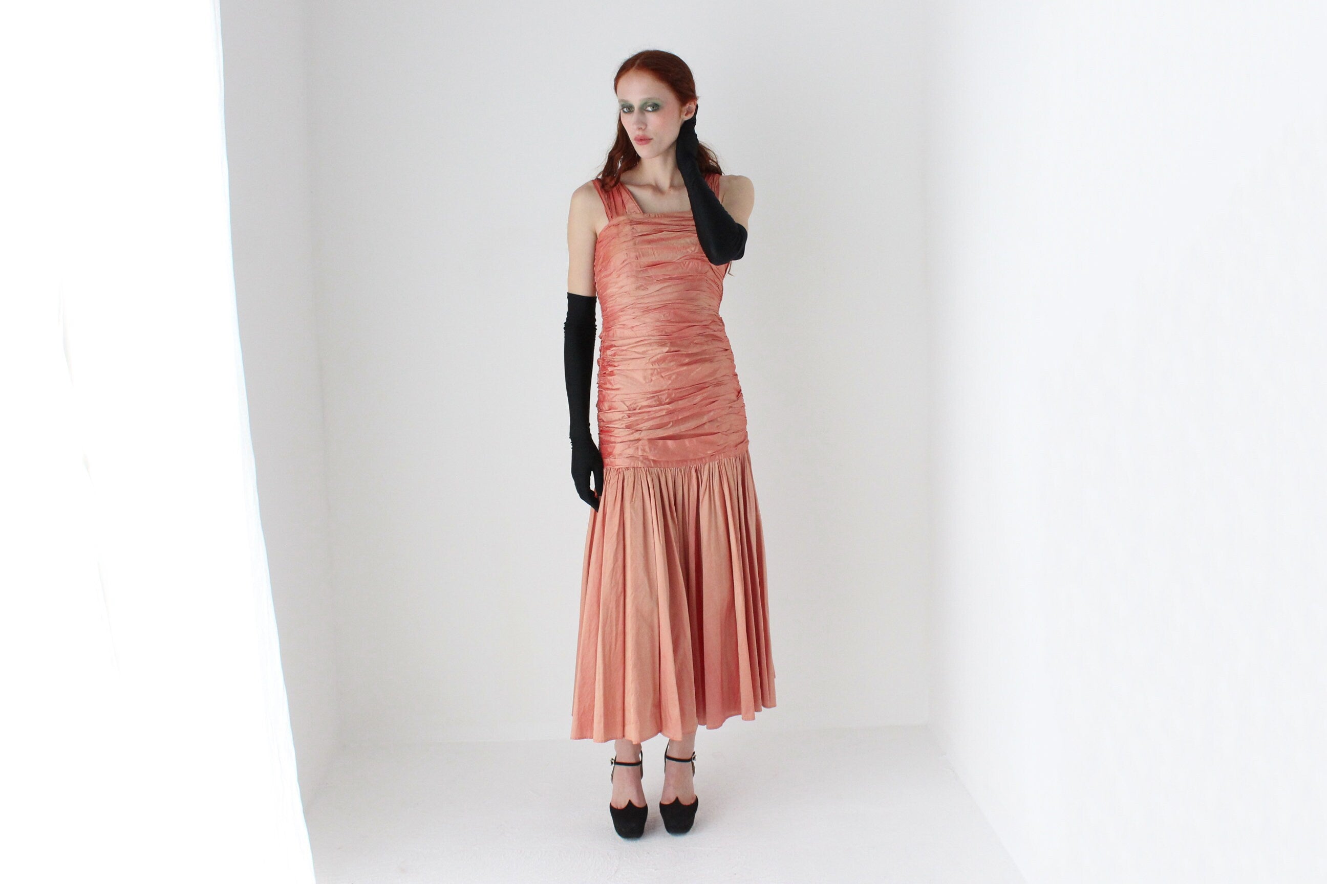 80s Shimmering Raw Silk Gathered Textural Dropwaist Cocktail Dress