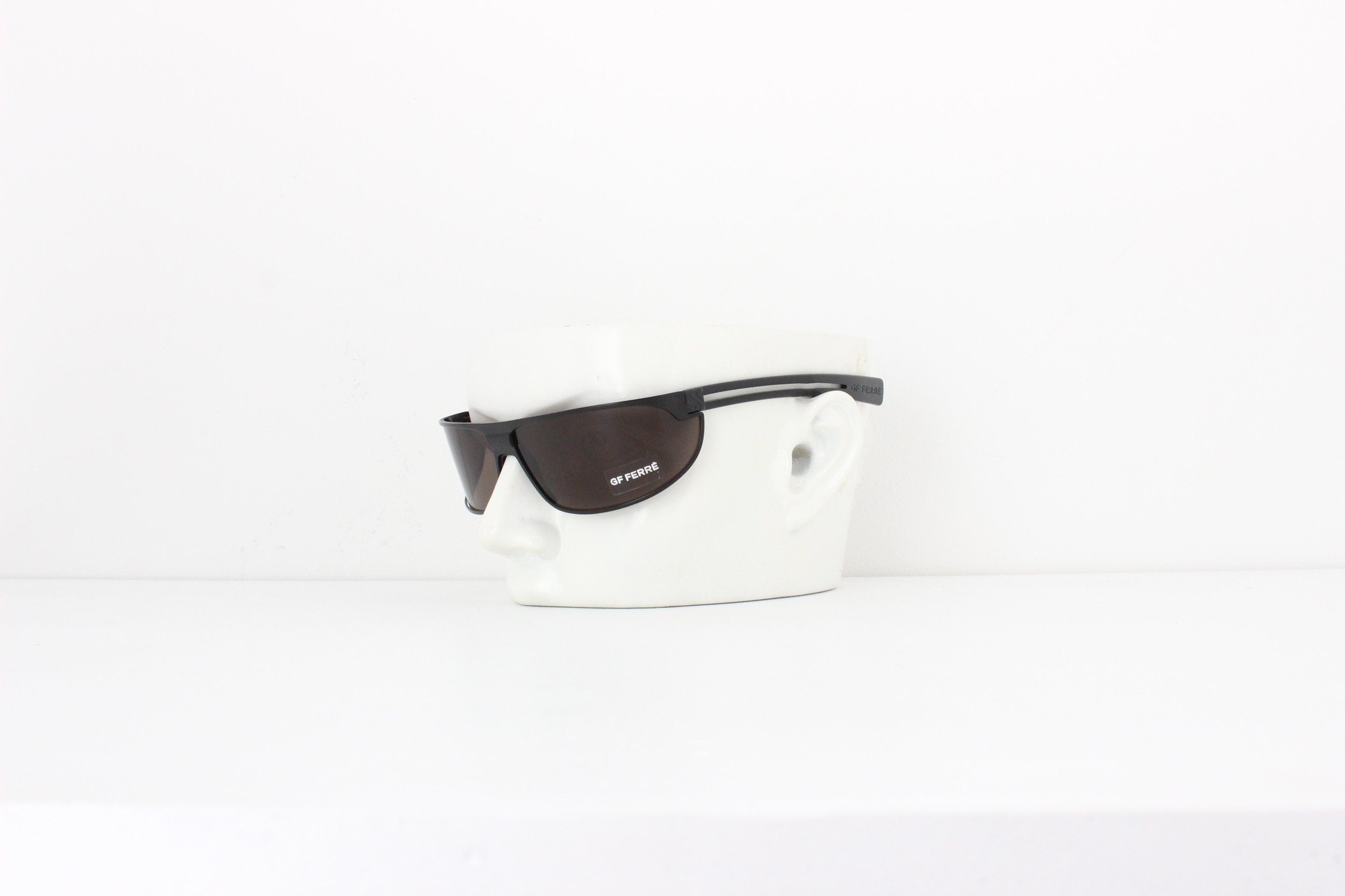 Y2K GIANFRANCO FERRE Minimal Black Wraparound Shield Sunglasses