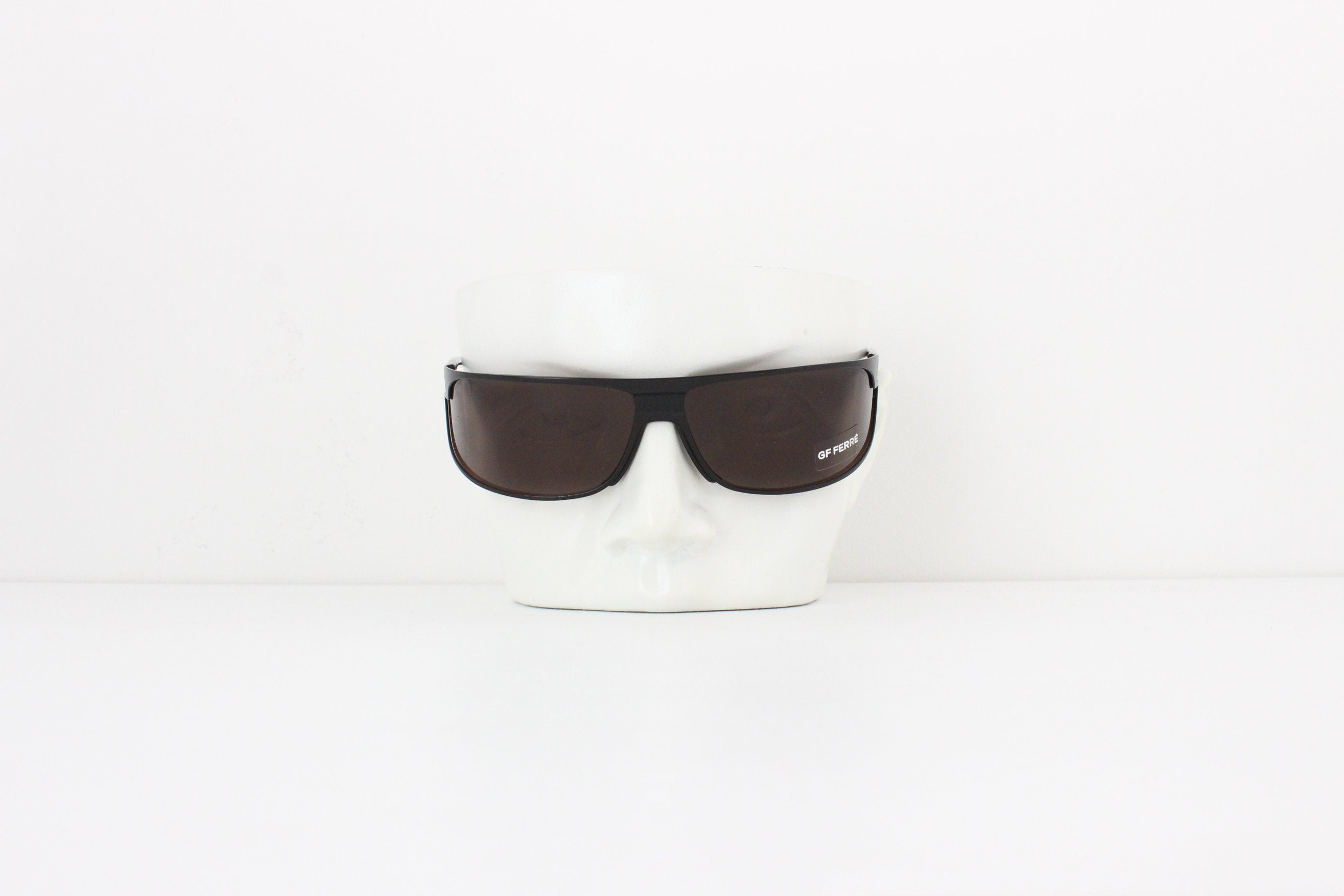 Y2K GIANFRANCO FERRE Minimal Black Wraparound Shield Sunglasses