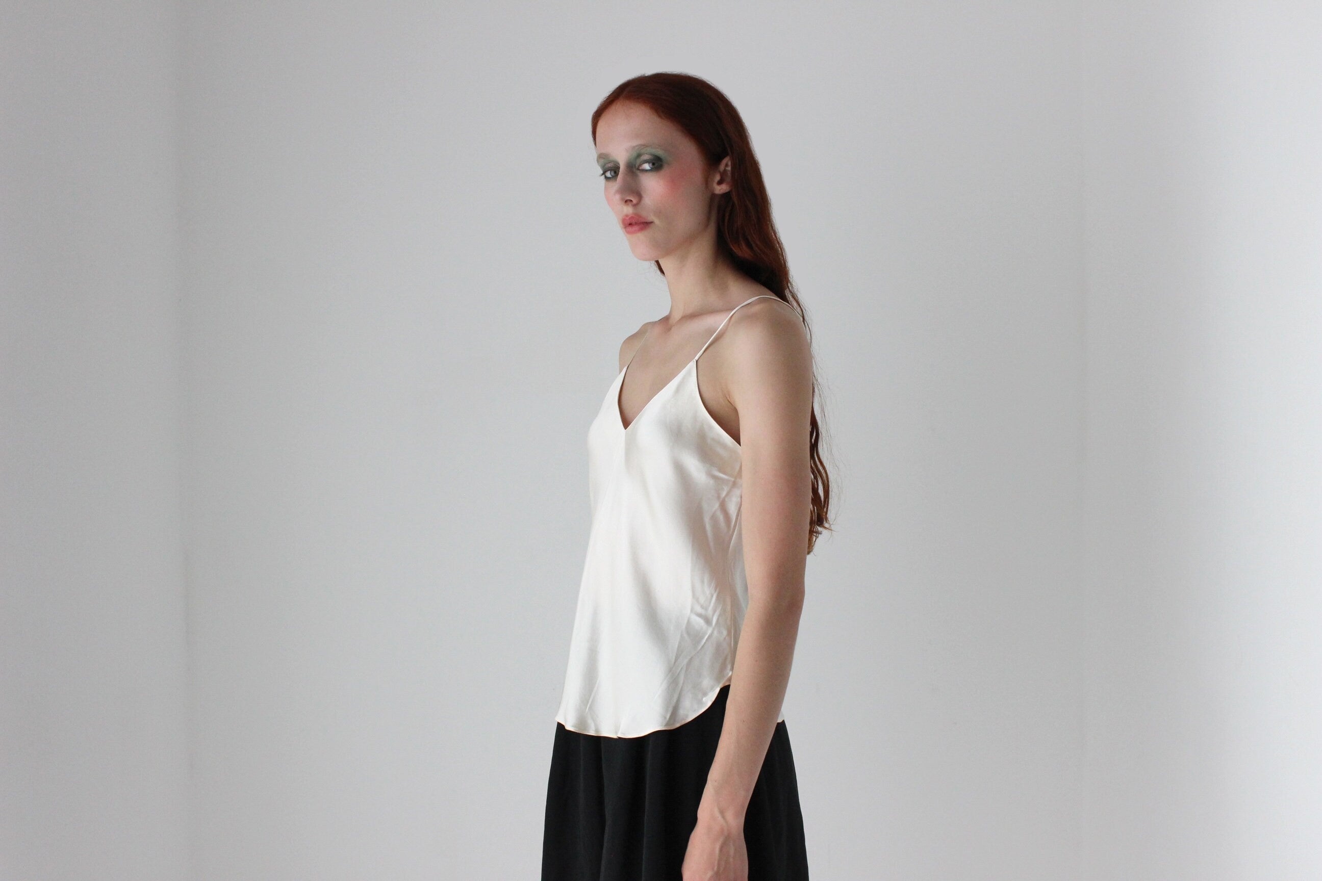 90s Pure Silk Cream Minimal Spaghetti Strap Cami