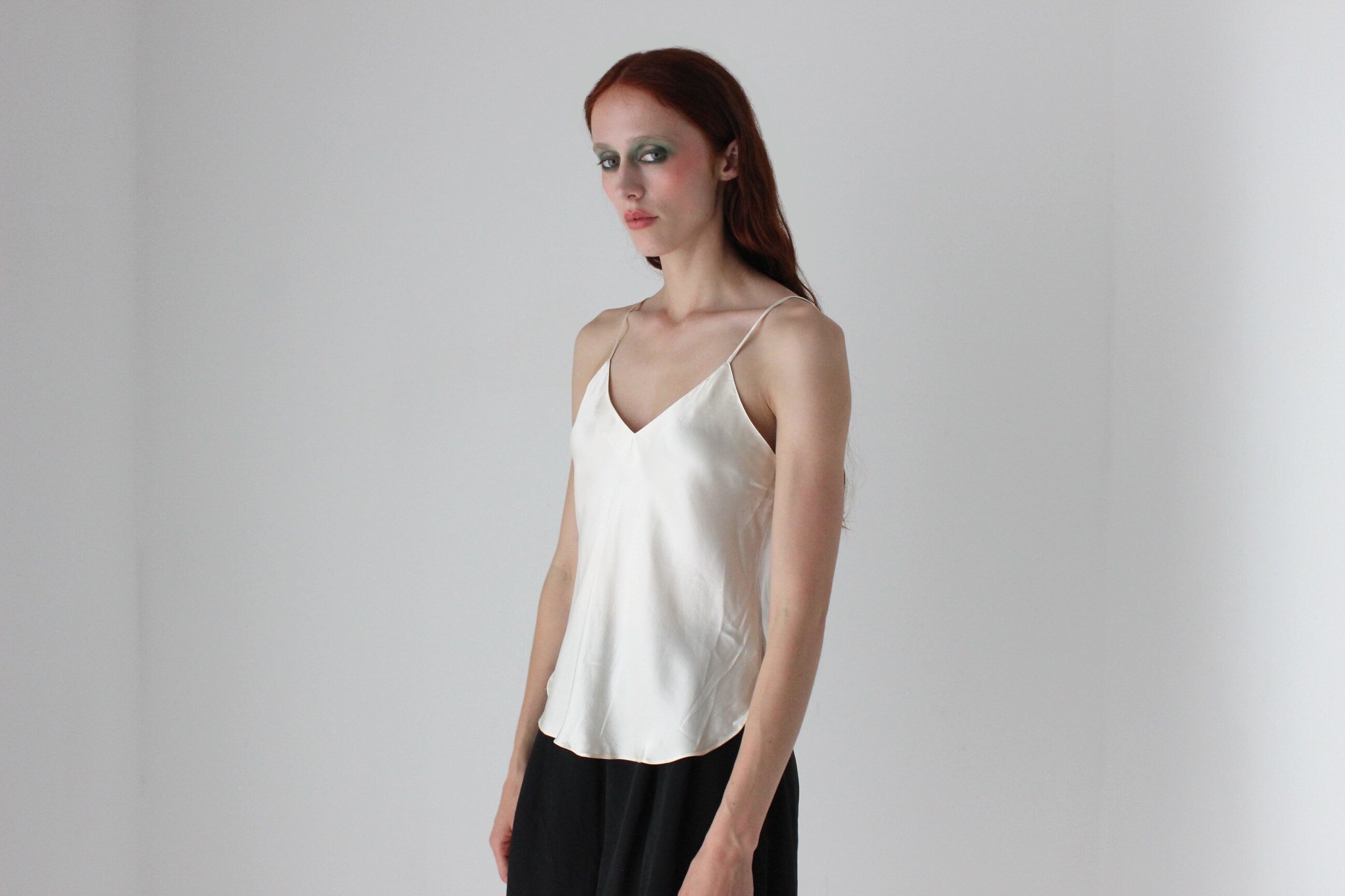 90s Pure Silk Cream Minimal Spaghetti Strap Cami