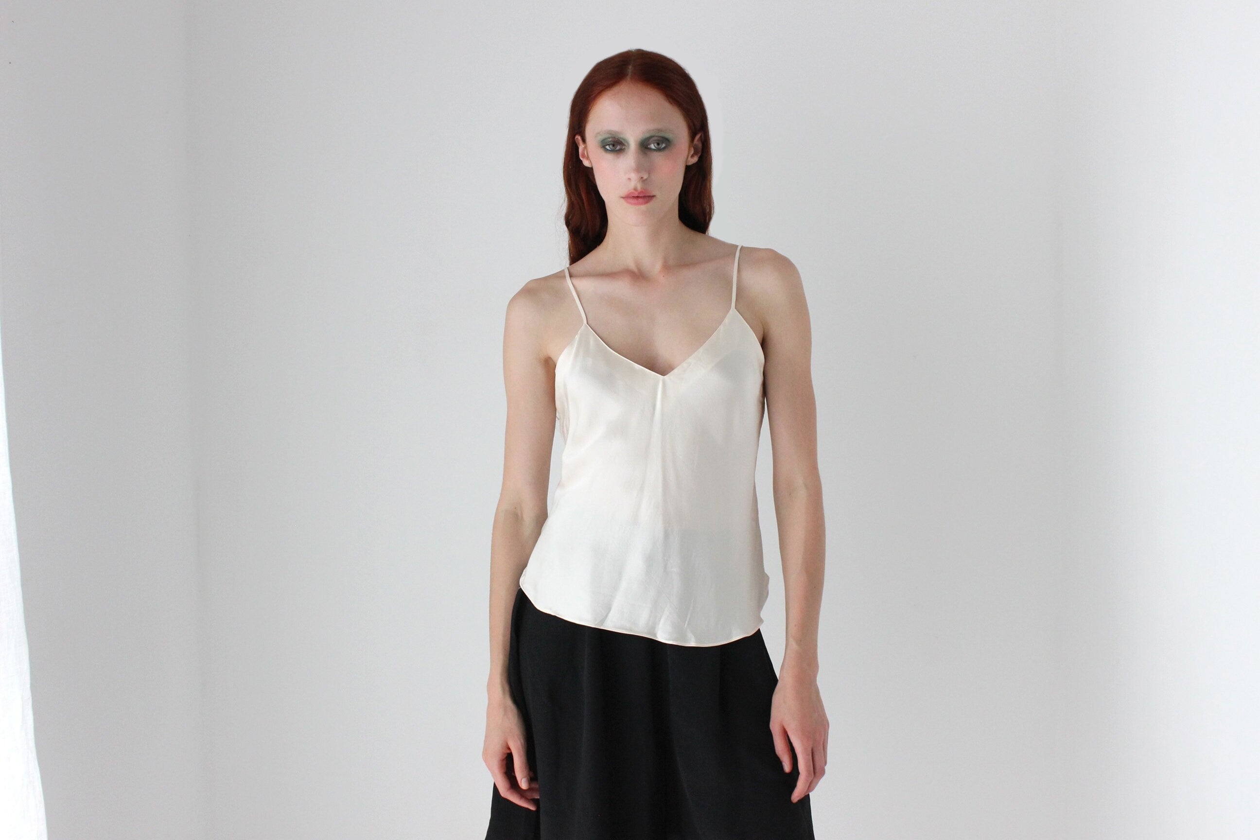 90s Pure Silk Cream Minimal Spaghetti Strap Cami