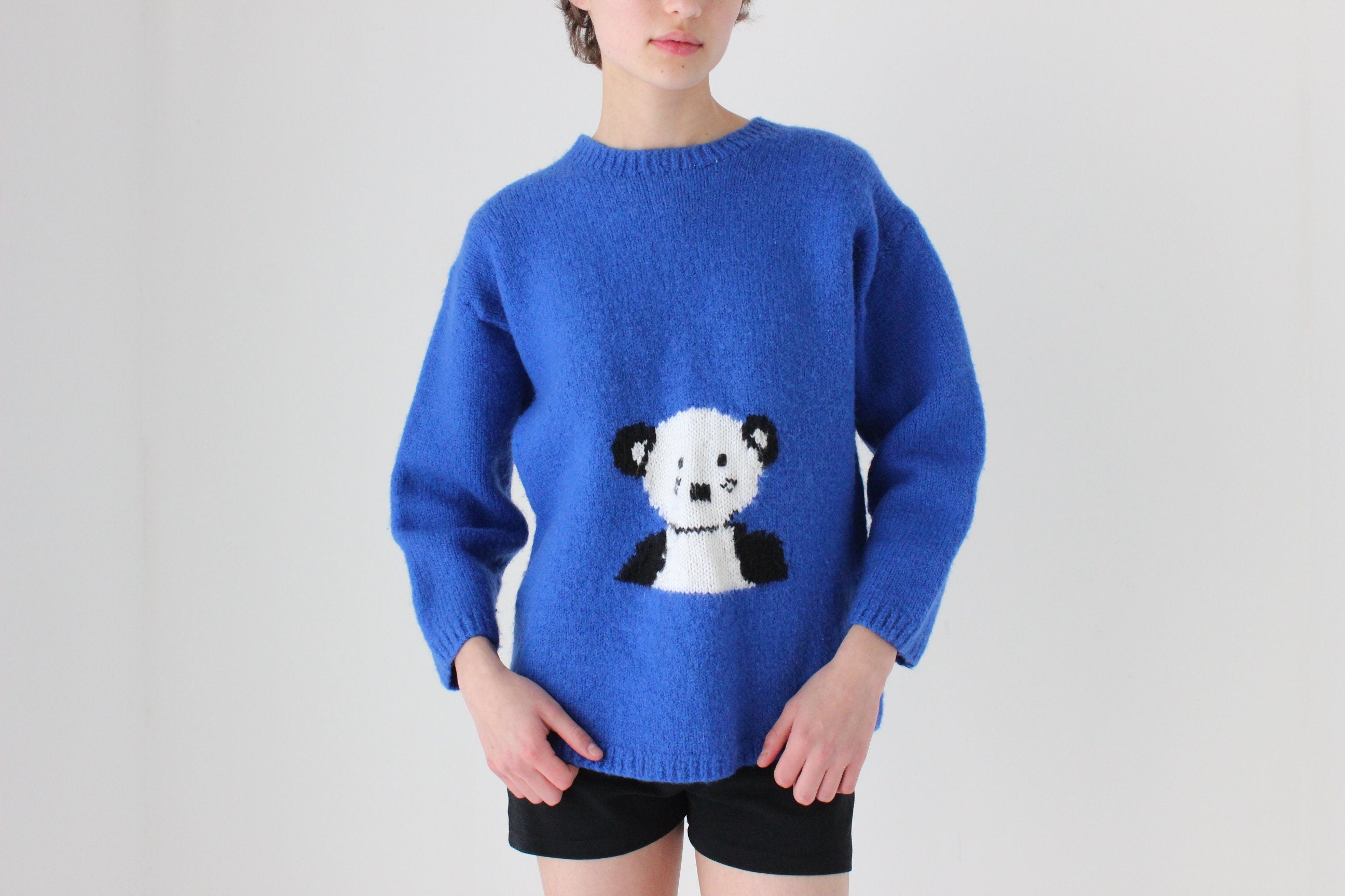 80s Wool Hand Knit Off-Centre Panda Bear Novelty Sweater