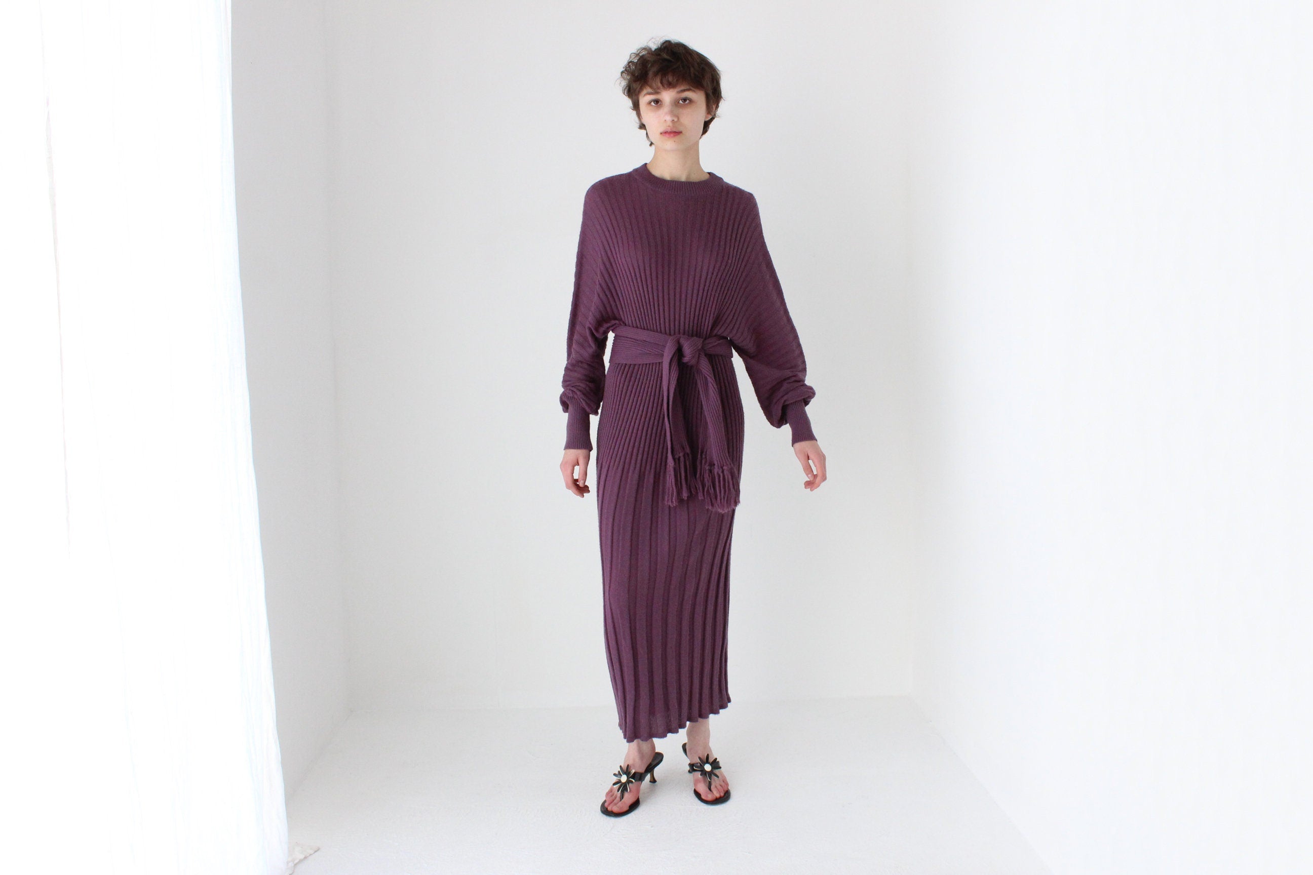 80s Sculptural Ribbed Pure Wool Batwing Sweater Dress