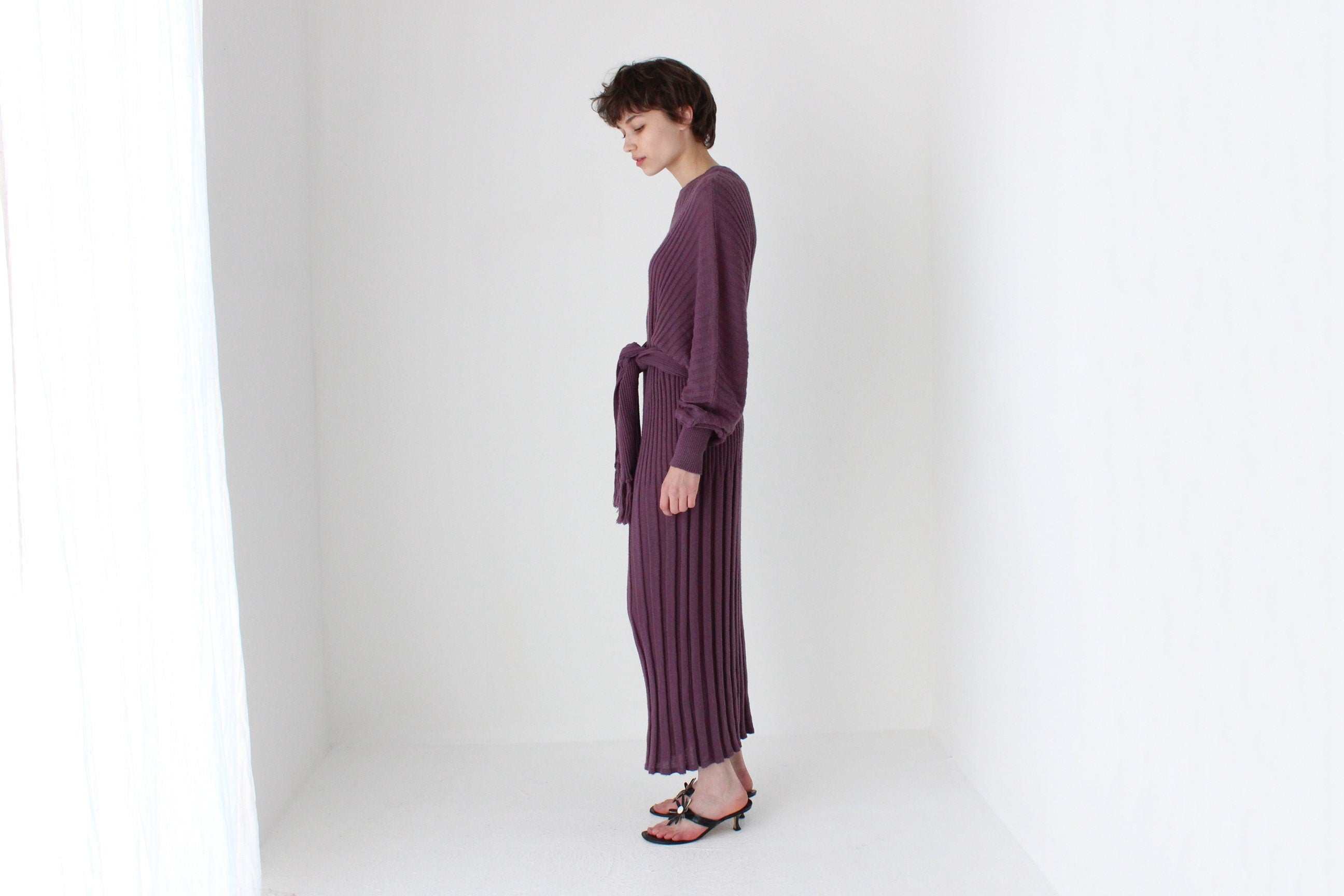 80s Sculptural Ribbed Pure Wool Batwing Sweater Dress