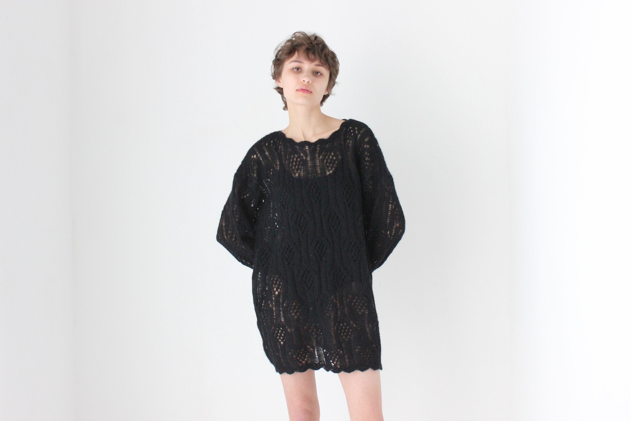 90s Mohair Blend Textured Knit Sweater Dress