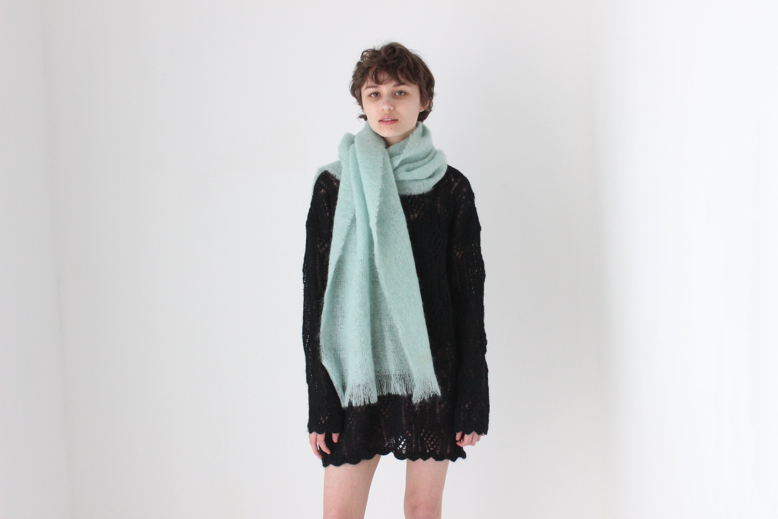 80s Scottish Mohair & New Wool Mint Green Oversized Scarf