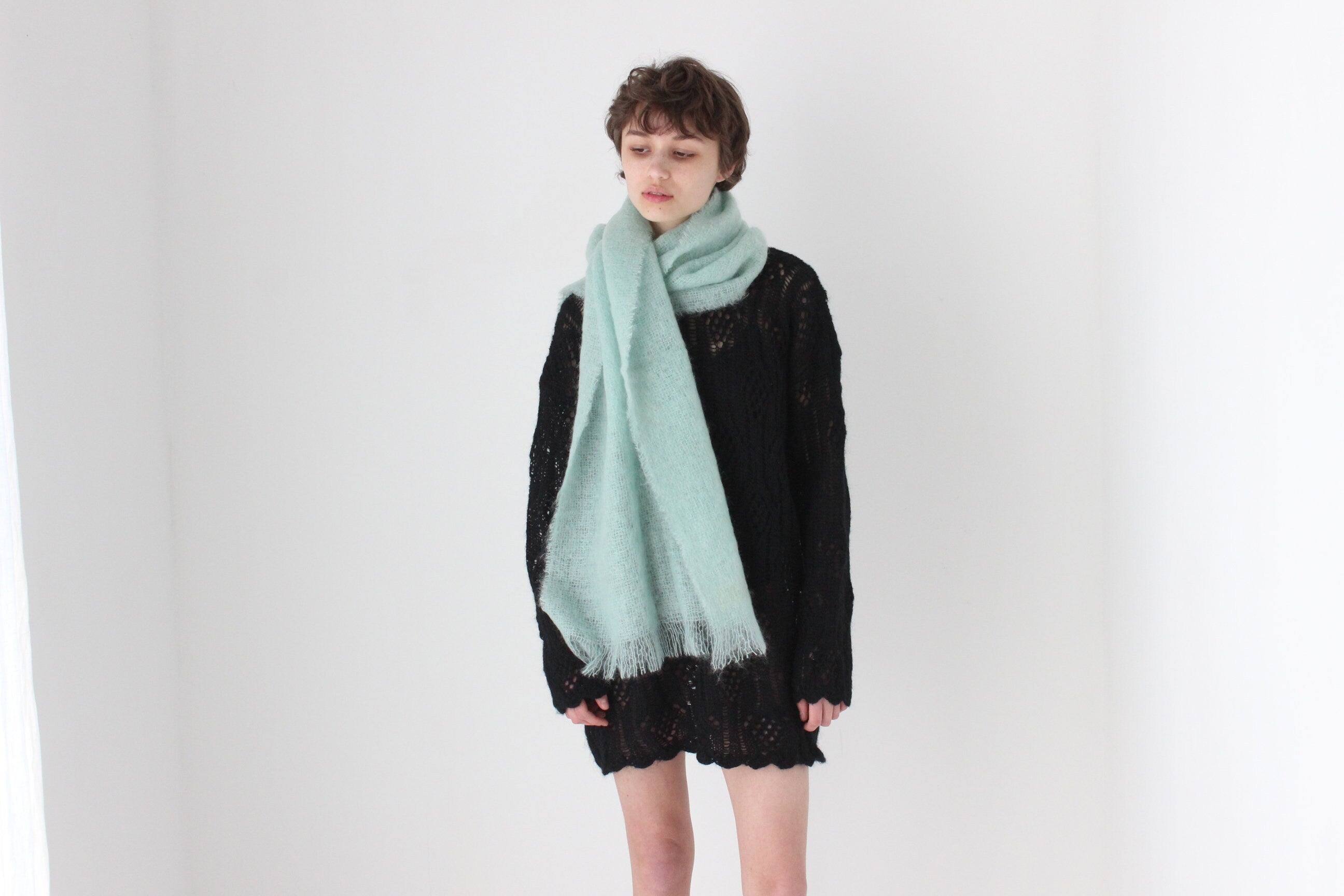 80s Scottish Mohair & New Wool Mint Green Oversized Scarf