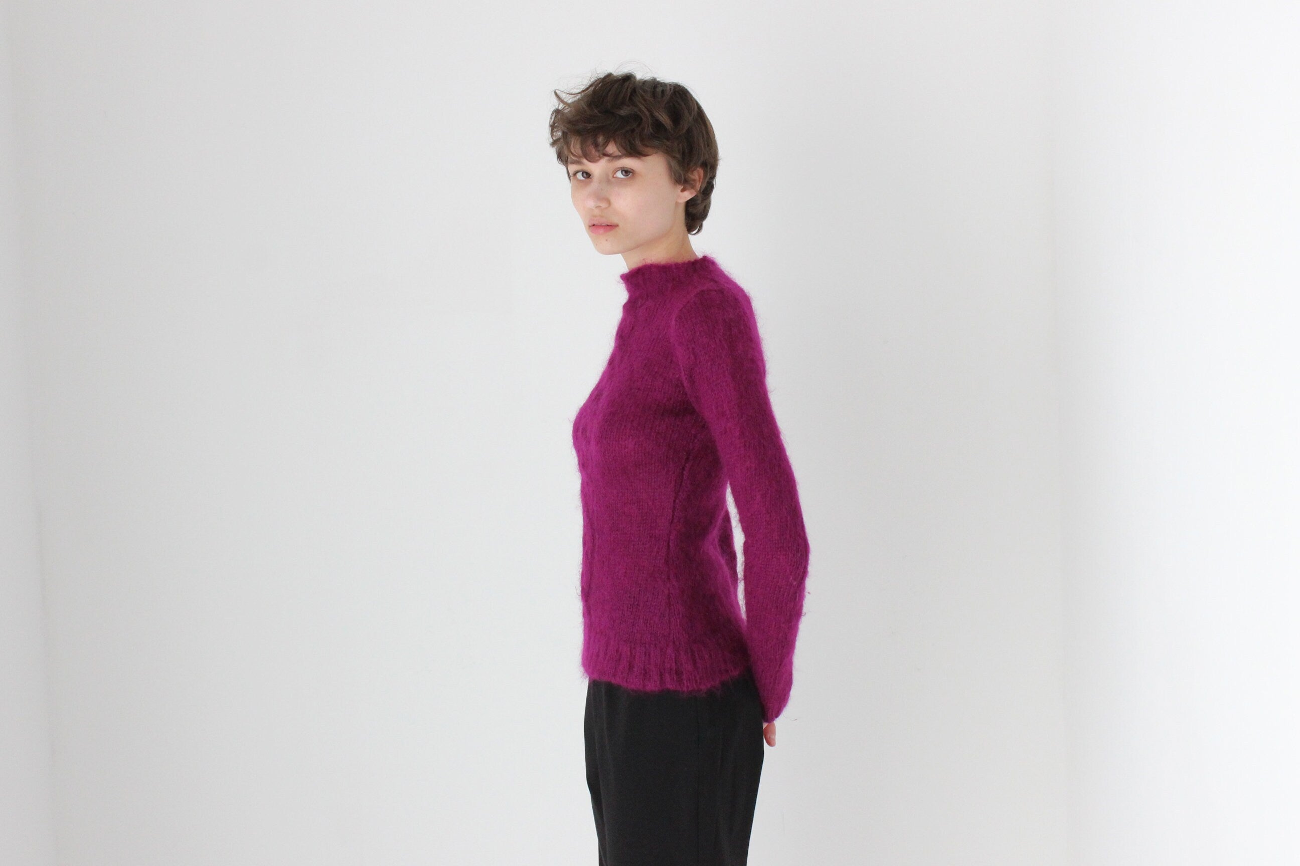 90s Mohair High Neck Purple Grape Fitted Sweater