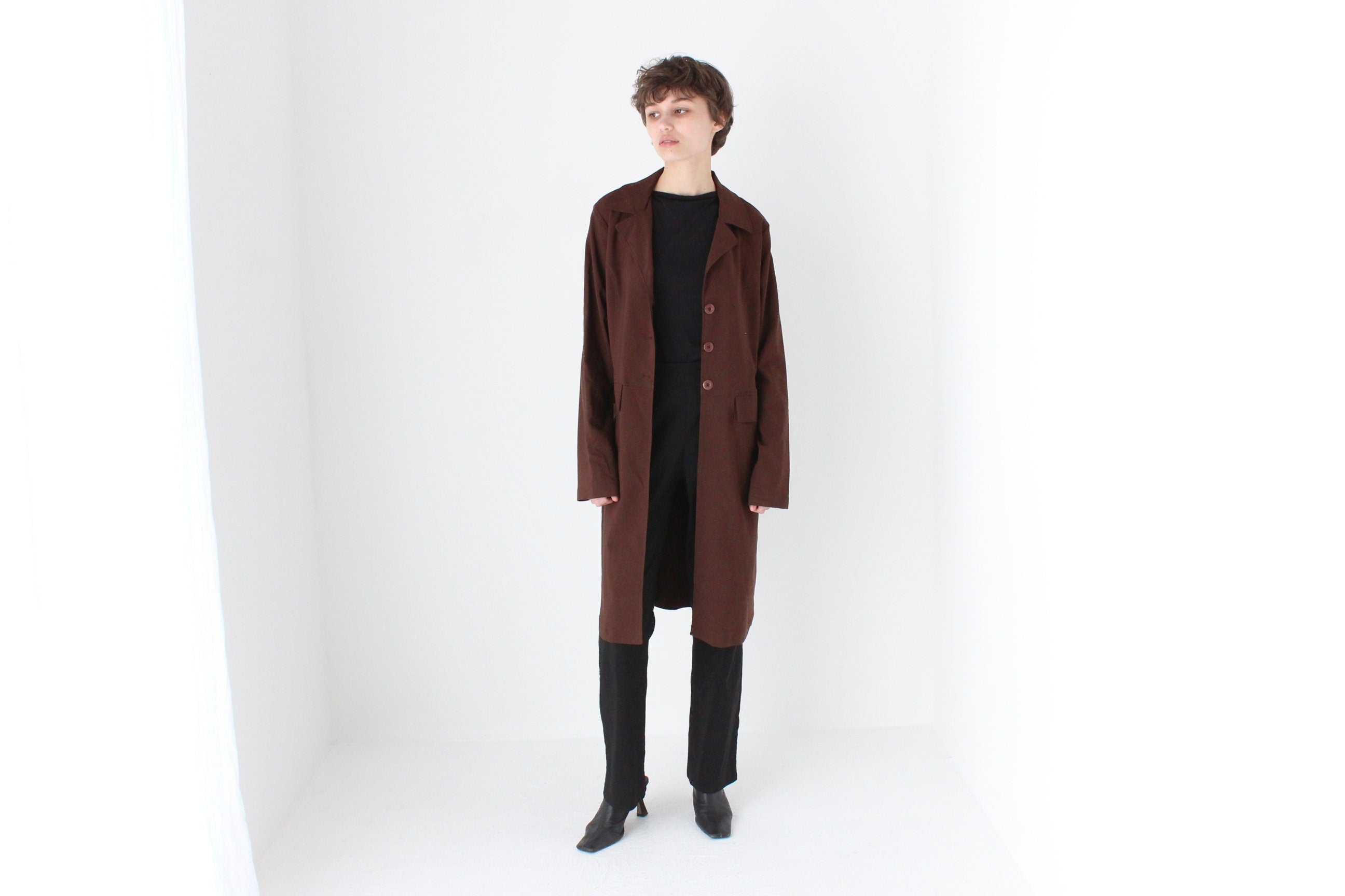 90s Chocolate Lightweight Boxy Button Up Trench Coat