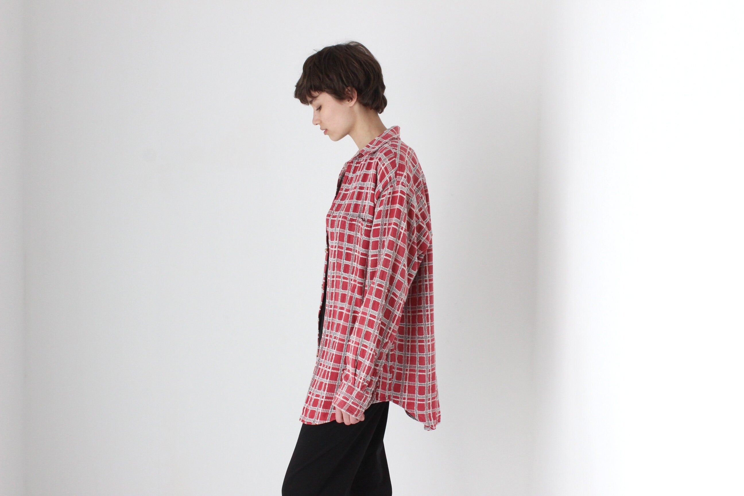 90s Woven Cotton Checked Oversized Shirt