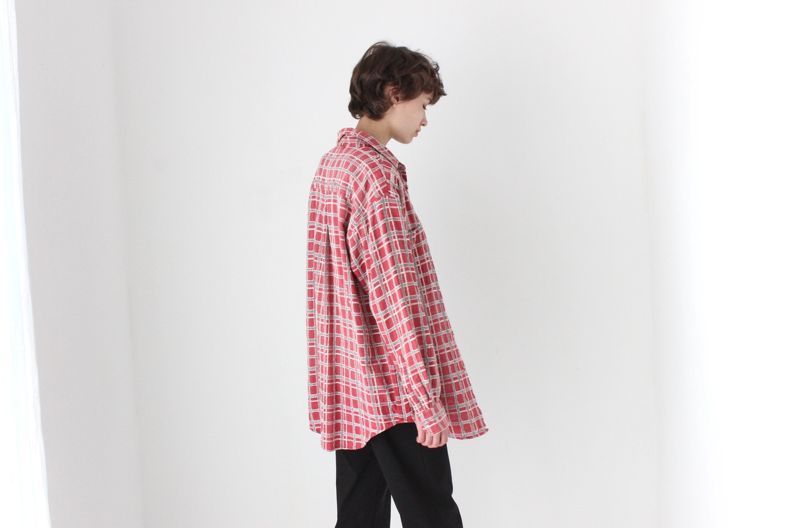 90s Woven Cotton Checked Oversized Shirt