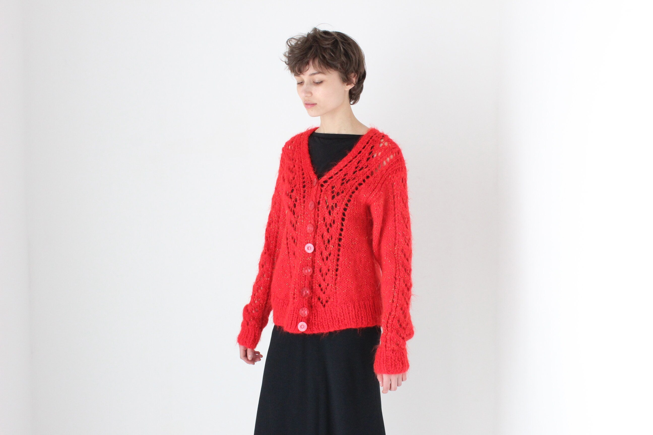 80s Hand Knit Mohair & Wool Funky Cardigan