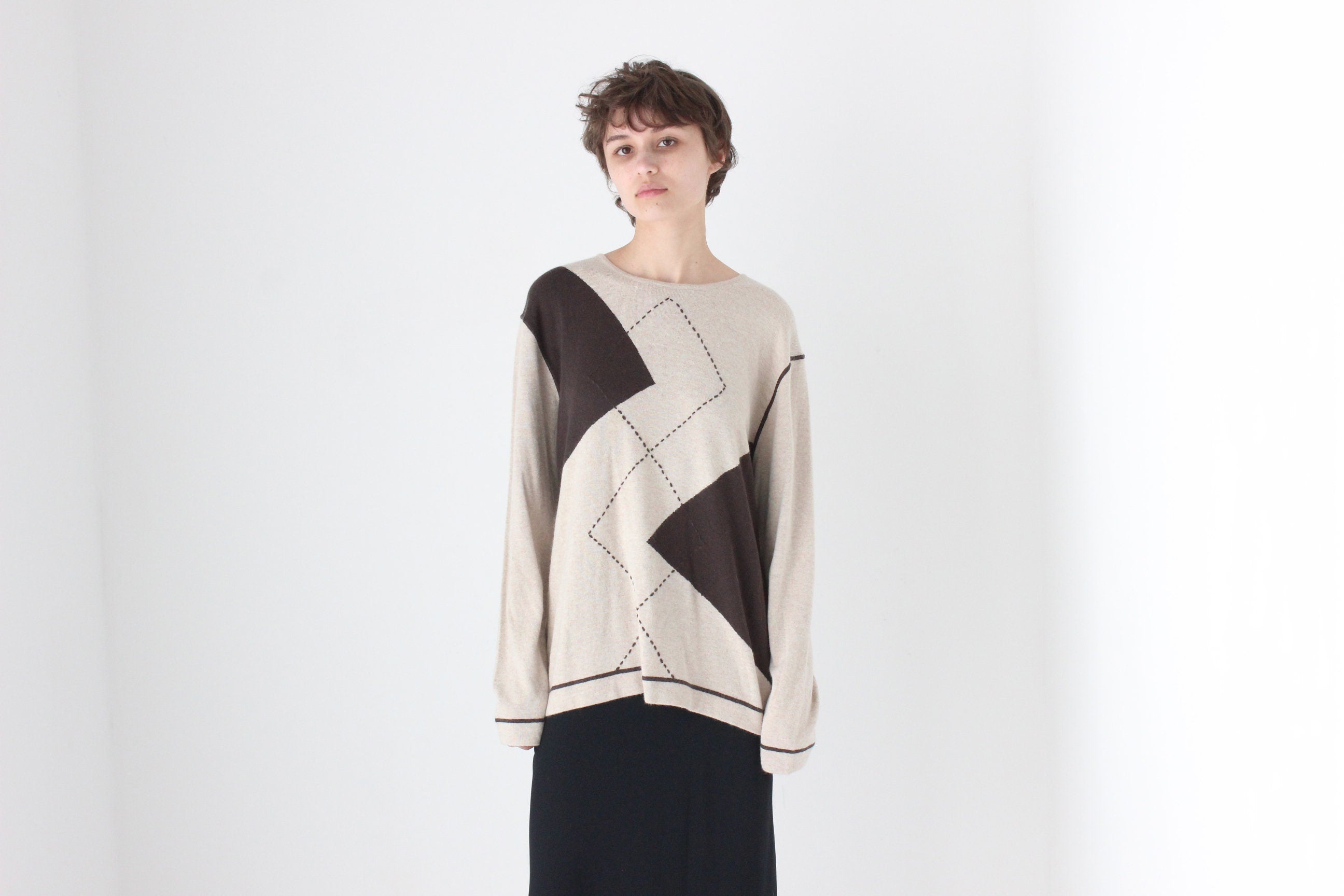 80s Soft Viscose / Cashmere / Angora Knit Neutral Argyle Sweater