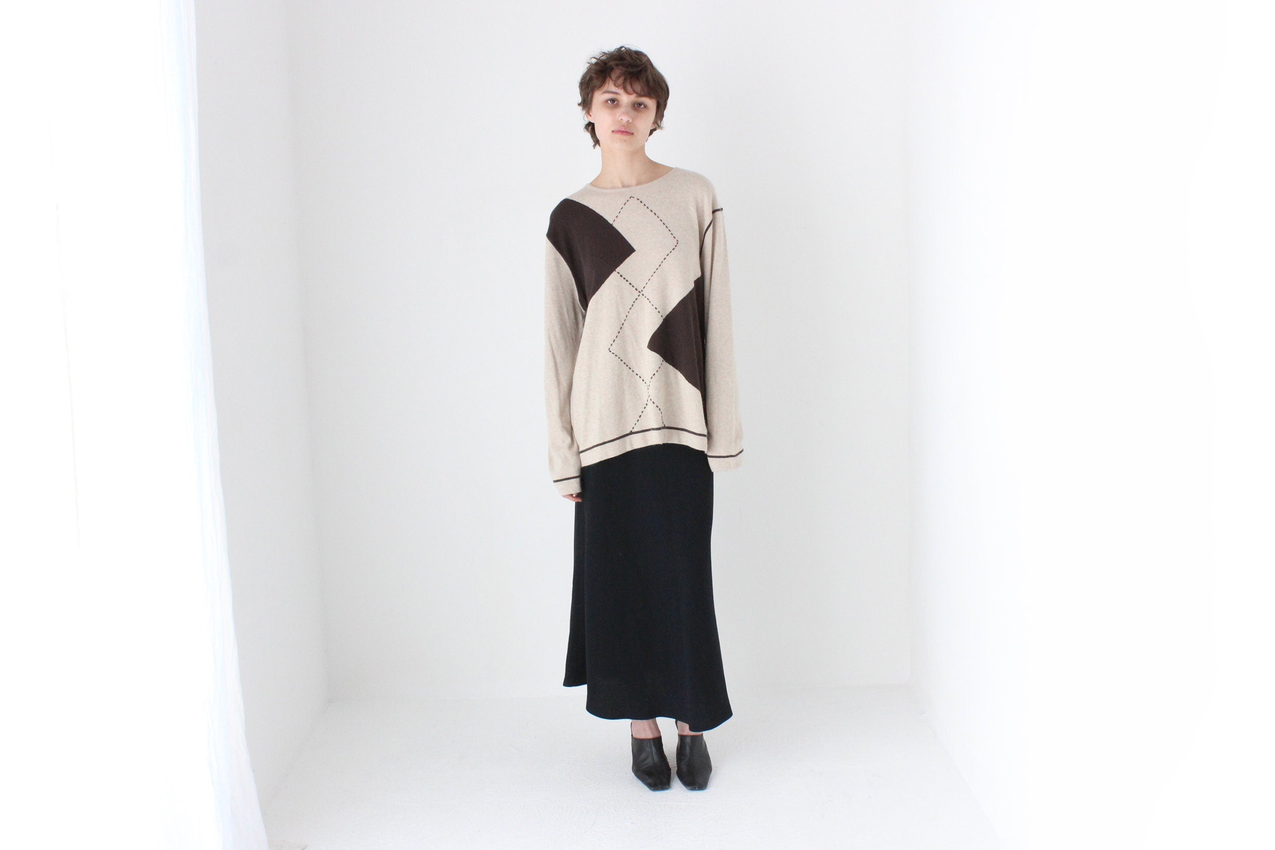 80s Soft Viscose / Cashmere / Angora Knit Neutral Argyle Sweater