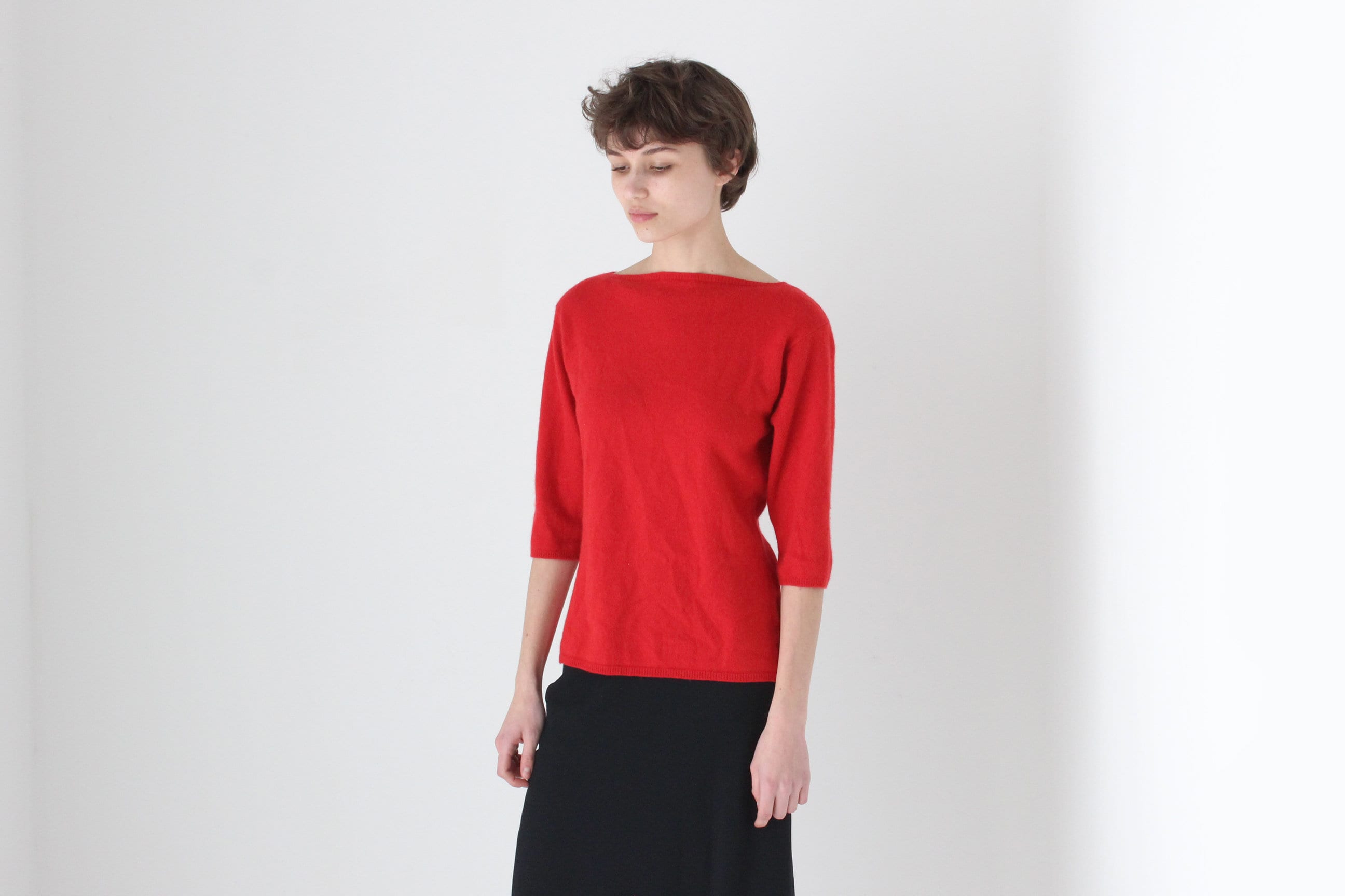 90s Bateau Neck Three-Quarter Sleeve Sweater Top