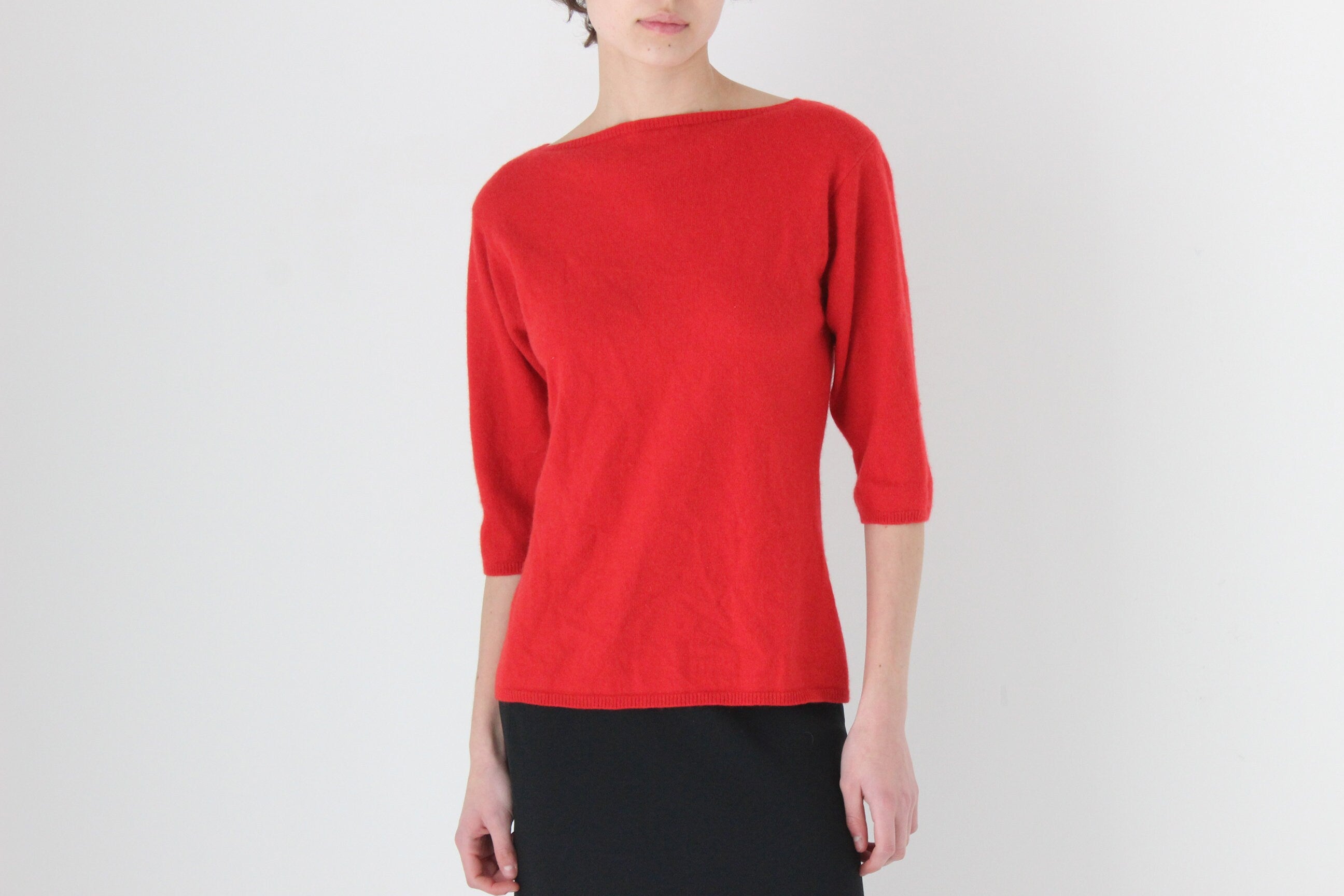 90s Bateau Neck Three-Quarter Sleeve Sweater Top