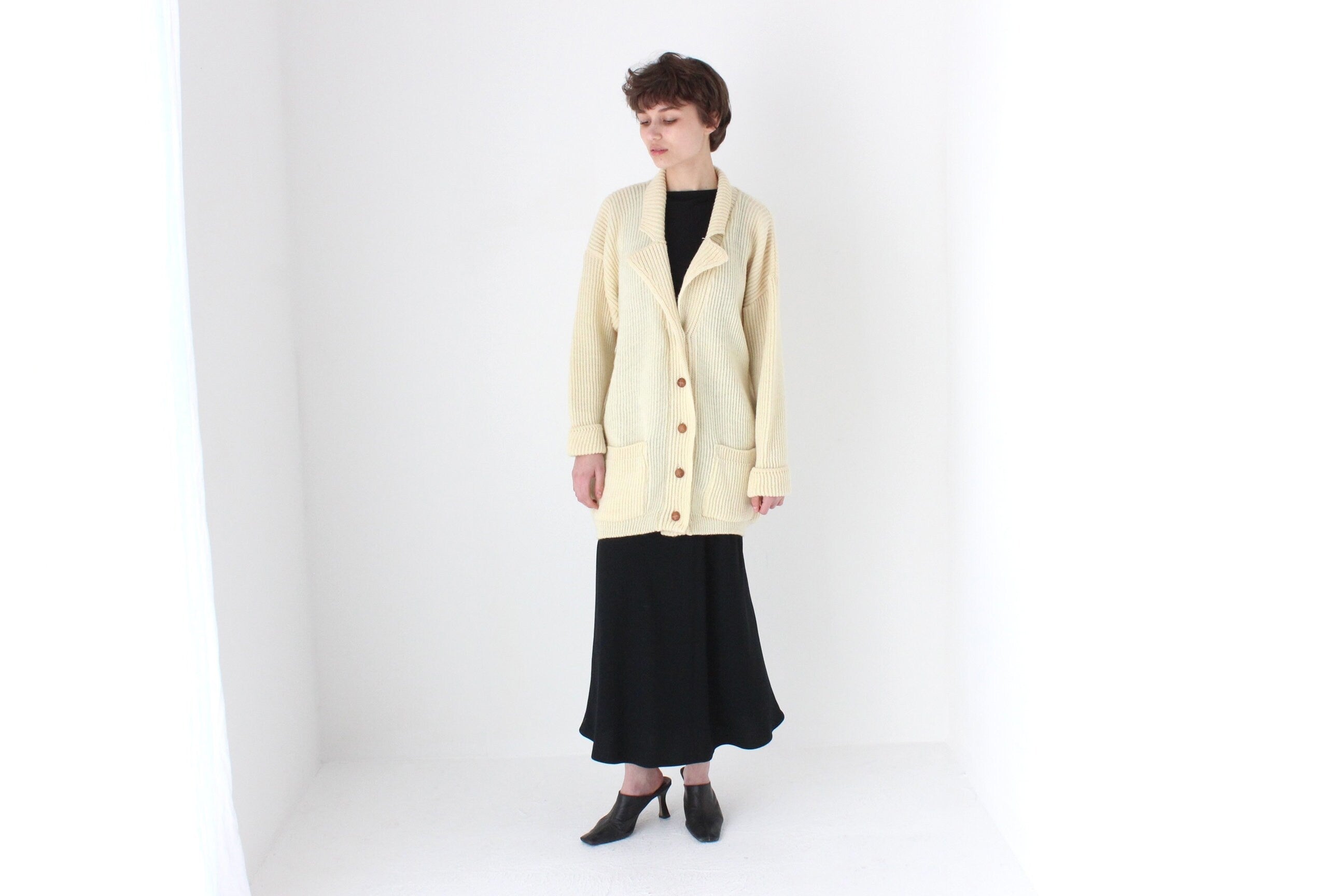 80s Cream Pure Wool Oversized Cardigan