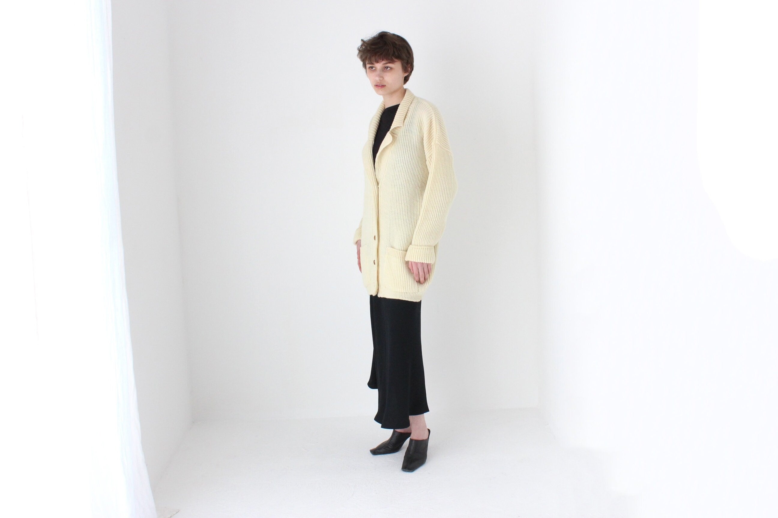 80s Cream Pure Wool Oversized Cardigan