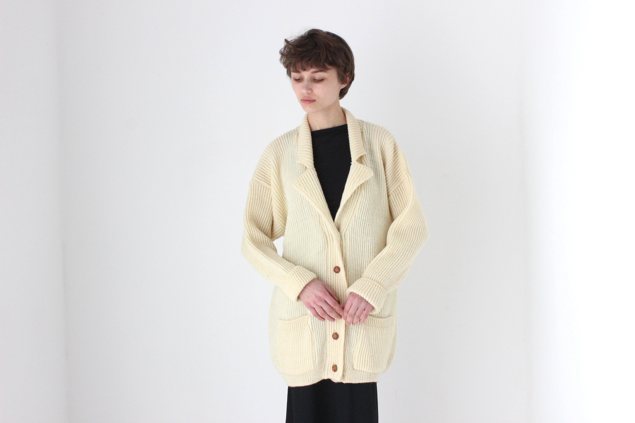 80s Cream Pure Wool Oversized Cardigan