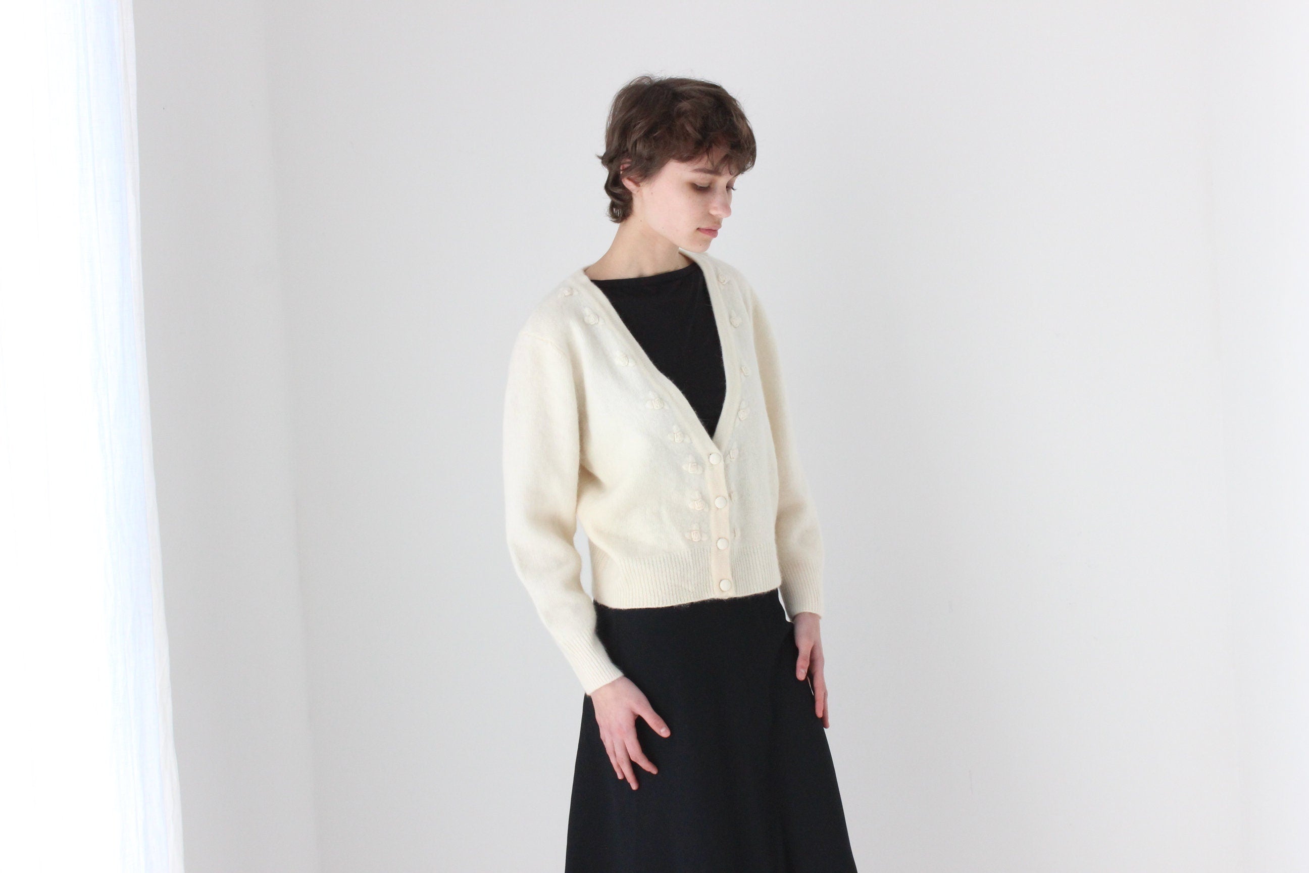 80s Softest Lambswool & Angora V Neck Cardigan w/ Rosettes