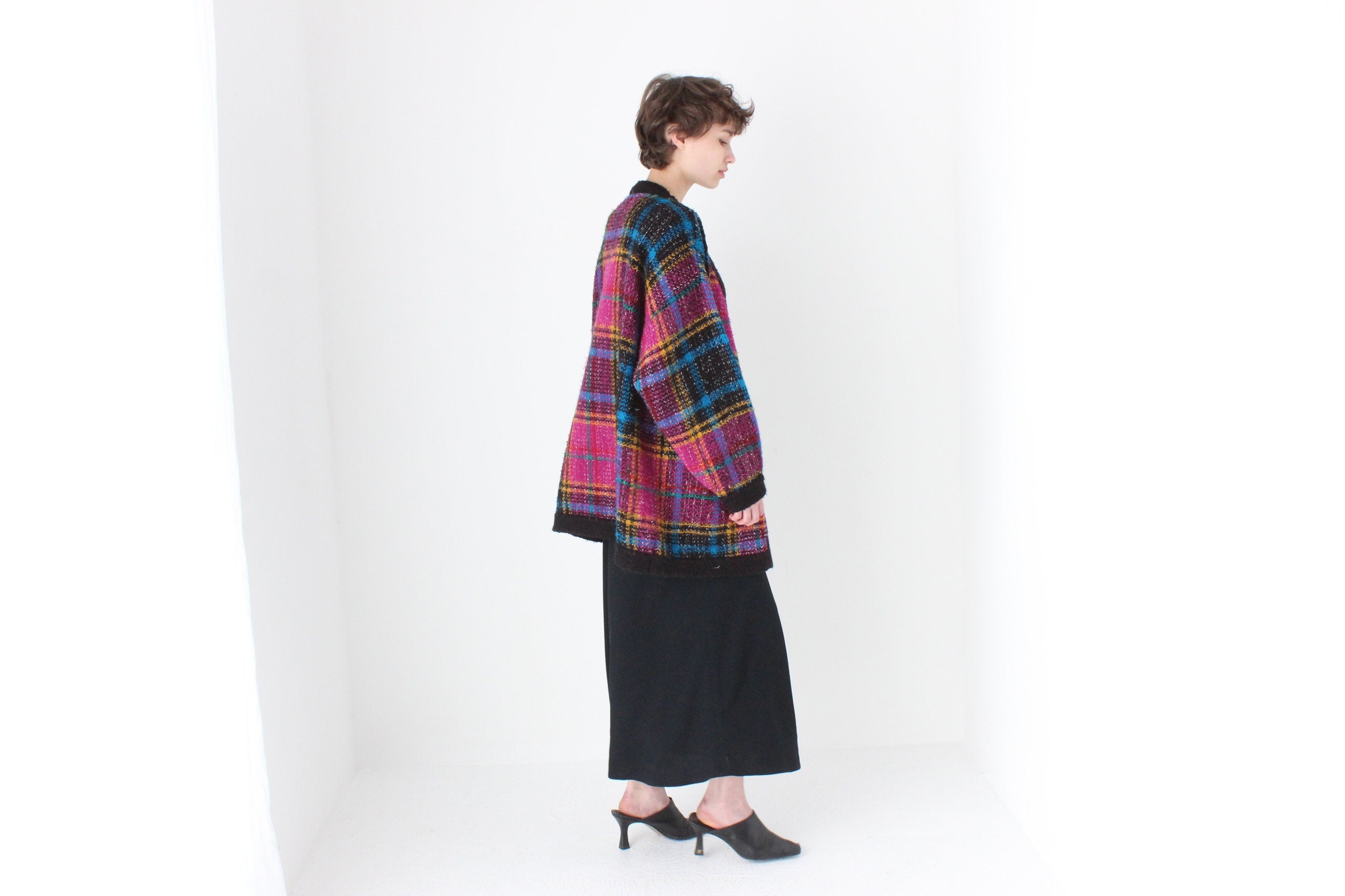 80s Tartan Pattern Oversized Cardigan