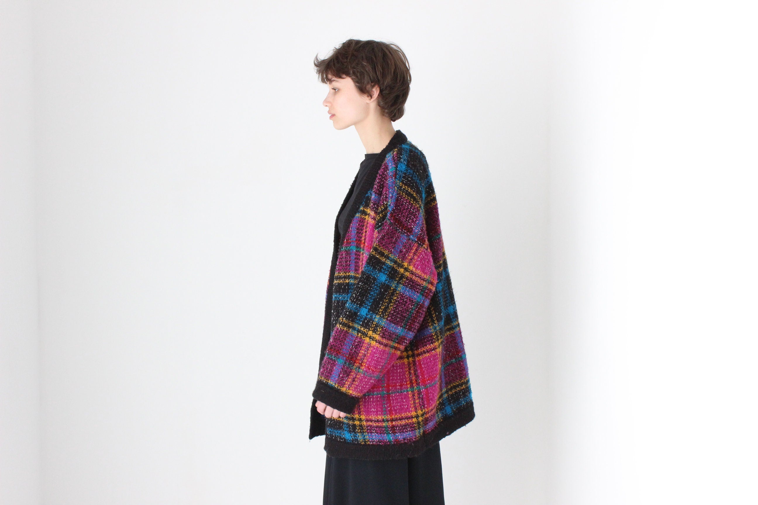 80s Tartan Pattern Oversized Cardigan