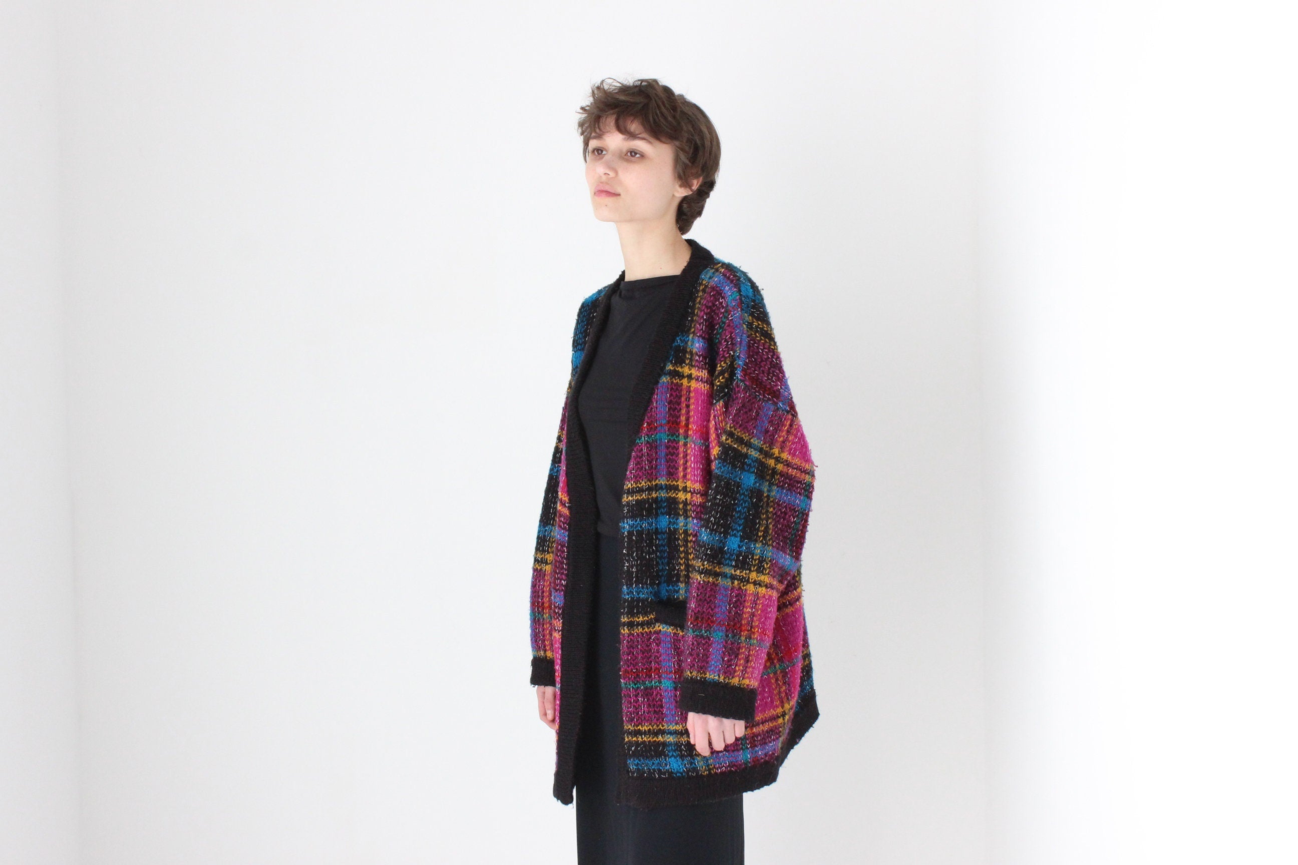 80s Tartan Pattern Oversized Cardigan