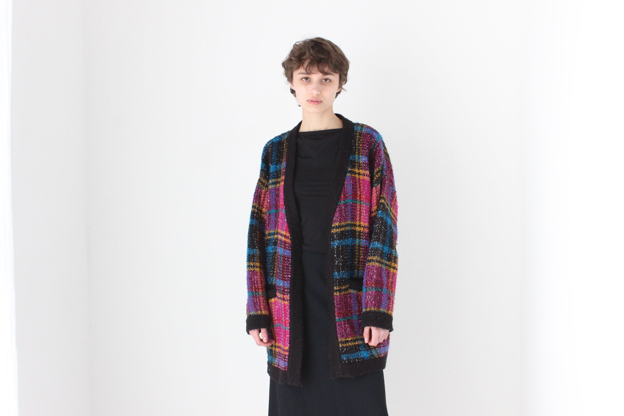 80s Tartan Pattern Oversized Cardigan