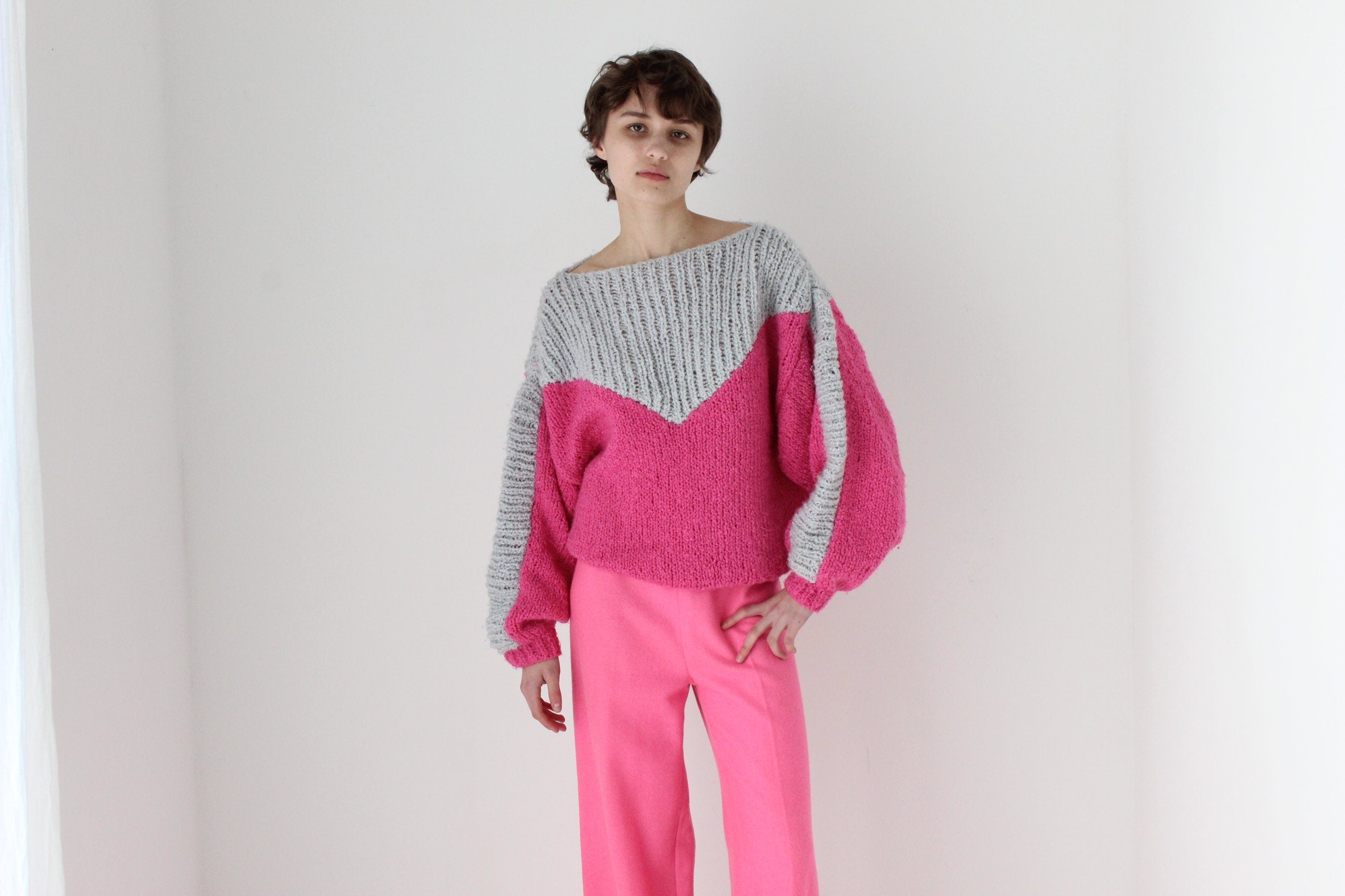 80s Hand Knit Bubblegum Bubble Sleeve Sweater