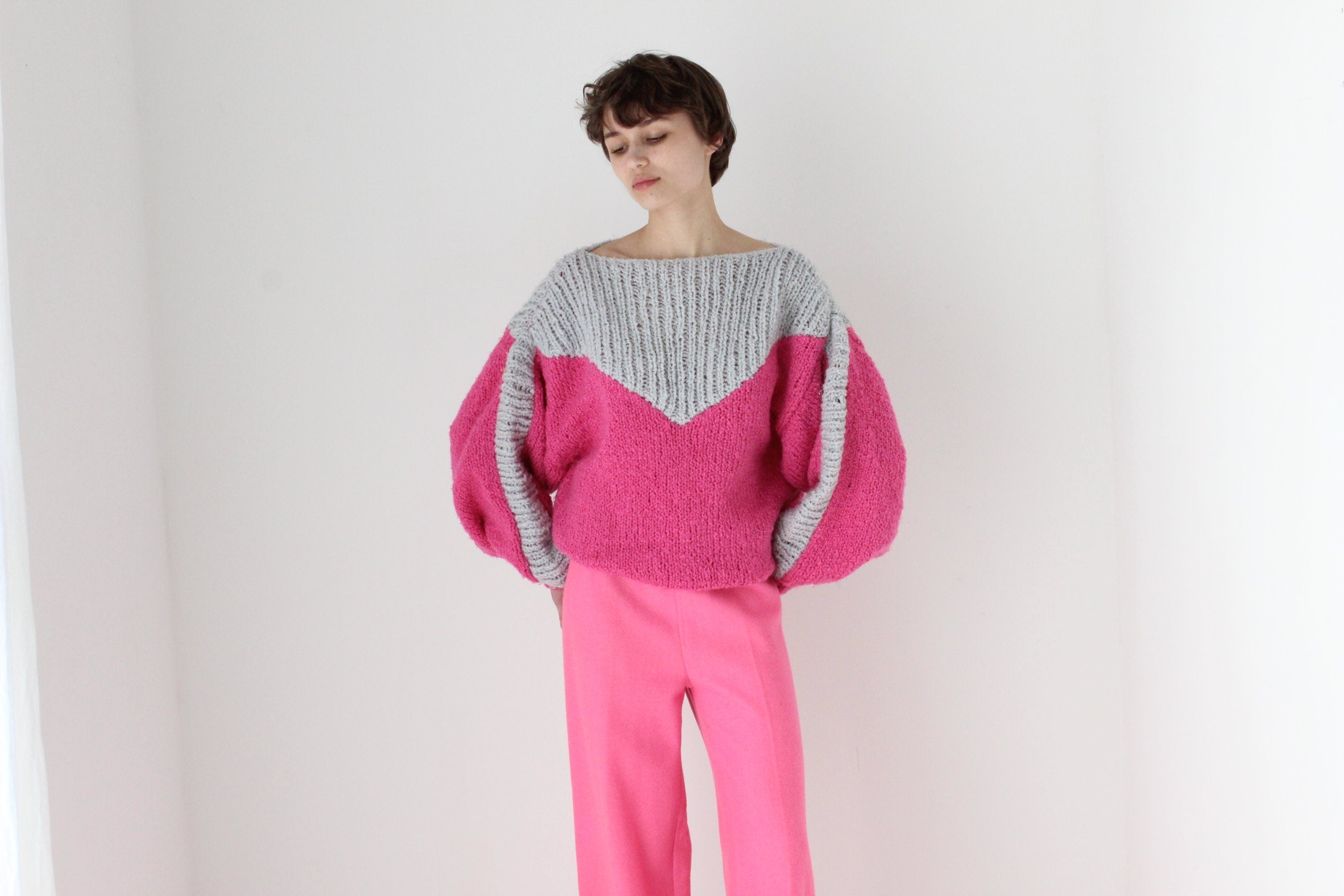 80s Hand Knit Bubblegum Bubble Sleeve Sweater