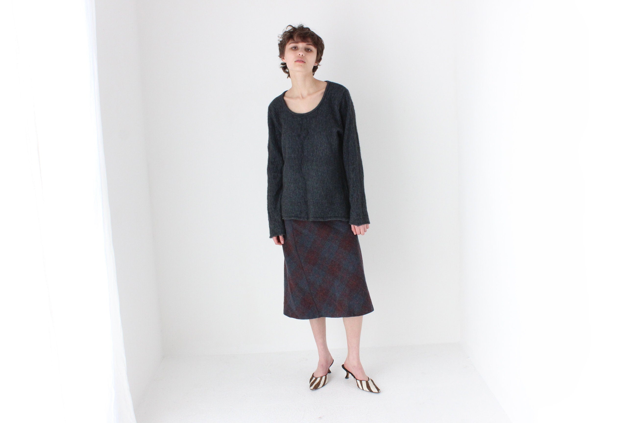 90s Subtle Tartan Wool & Mohair Knee Length Skirt