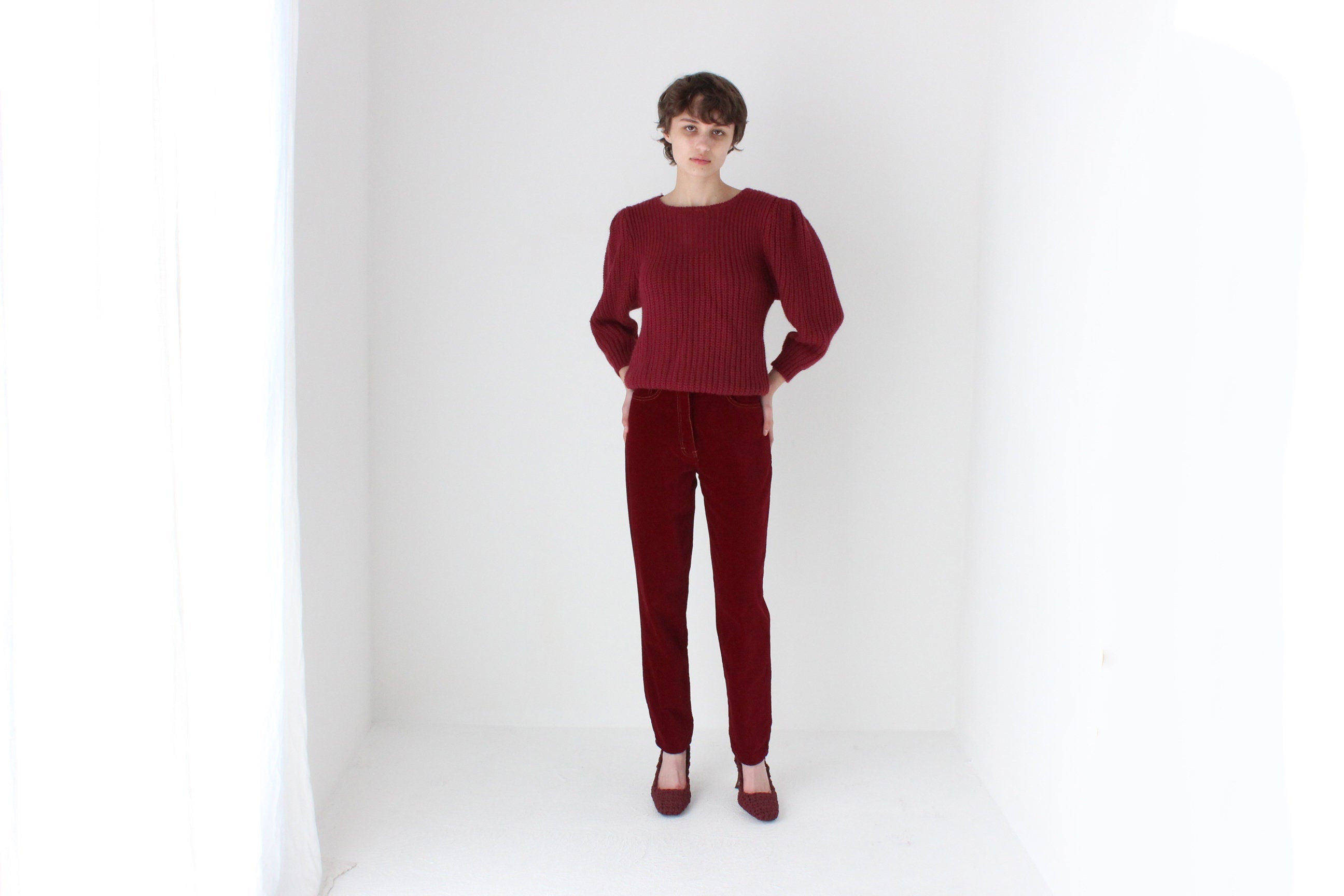 Soft 80s Puff Shoulder Sweater in Burgundy