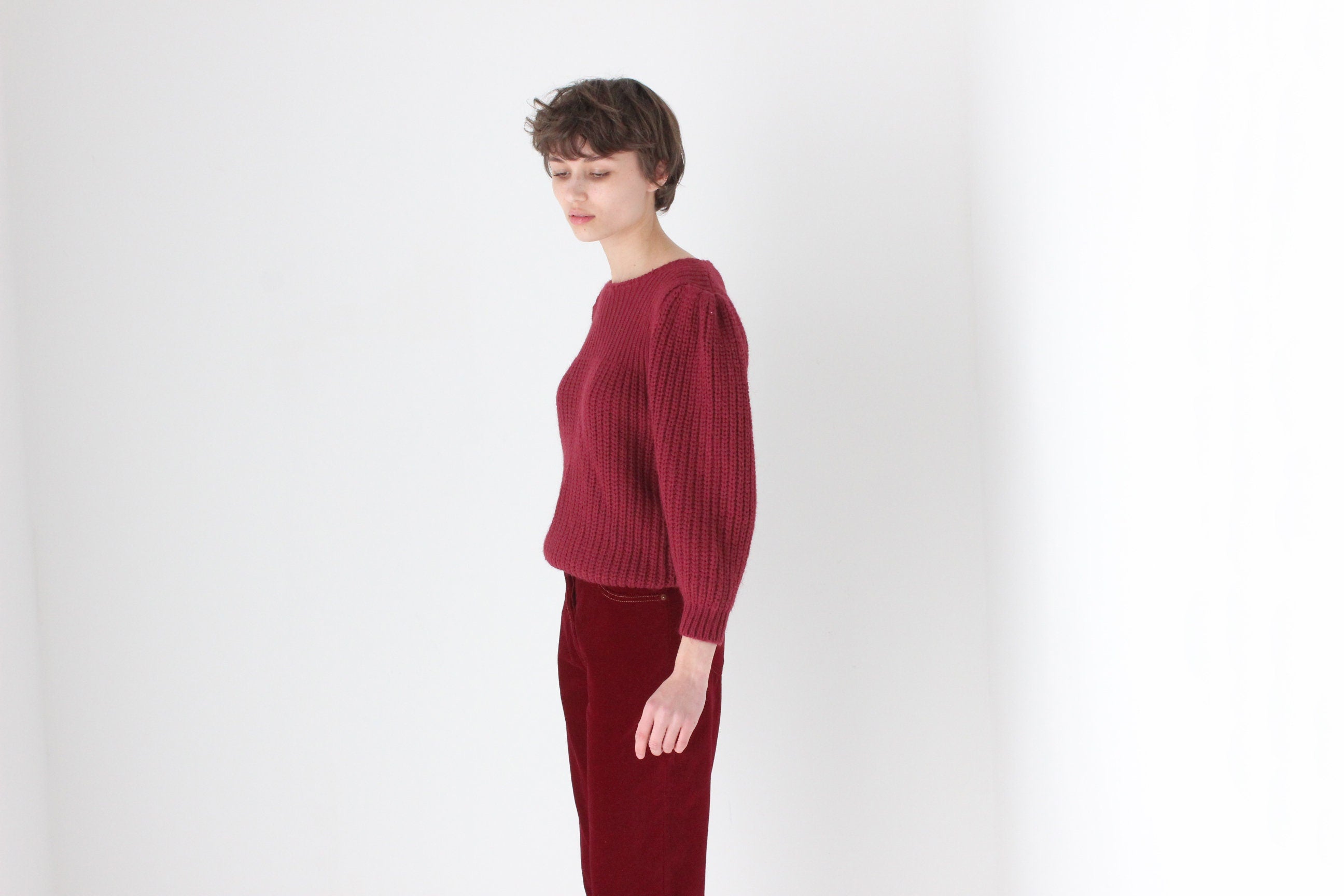 Soft 80s Puff Shoulder Sweater in Burgundy