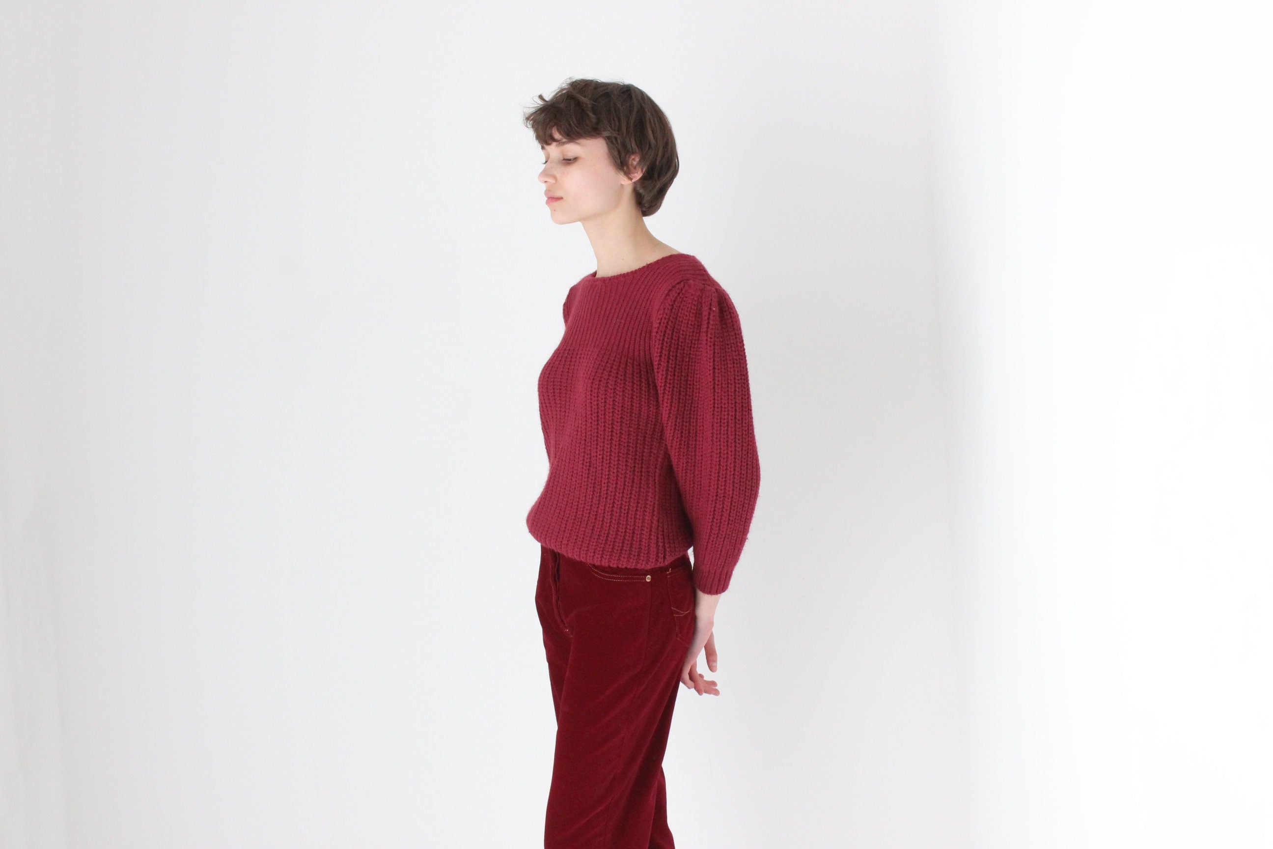 Soft 80s Puff Shoulder Sweater in Burgundy