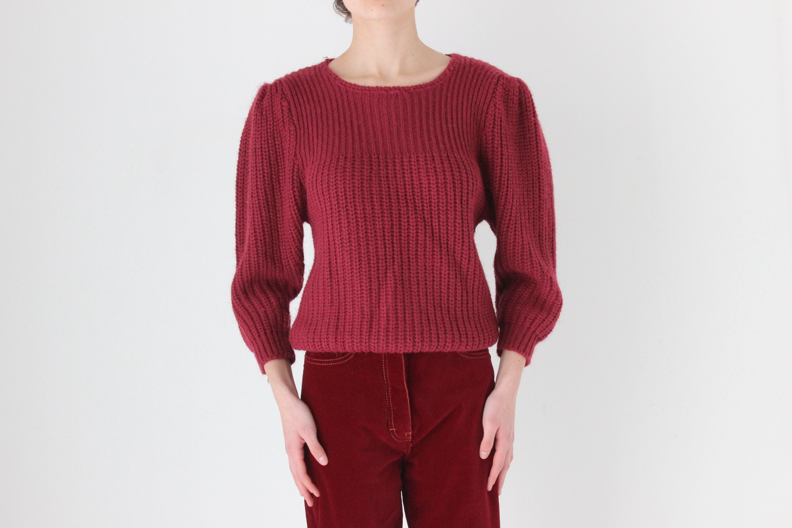 Soft 80s Puff Shoulder Sweater in Burgundy